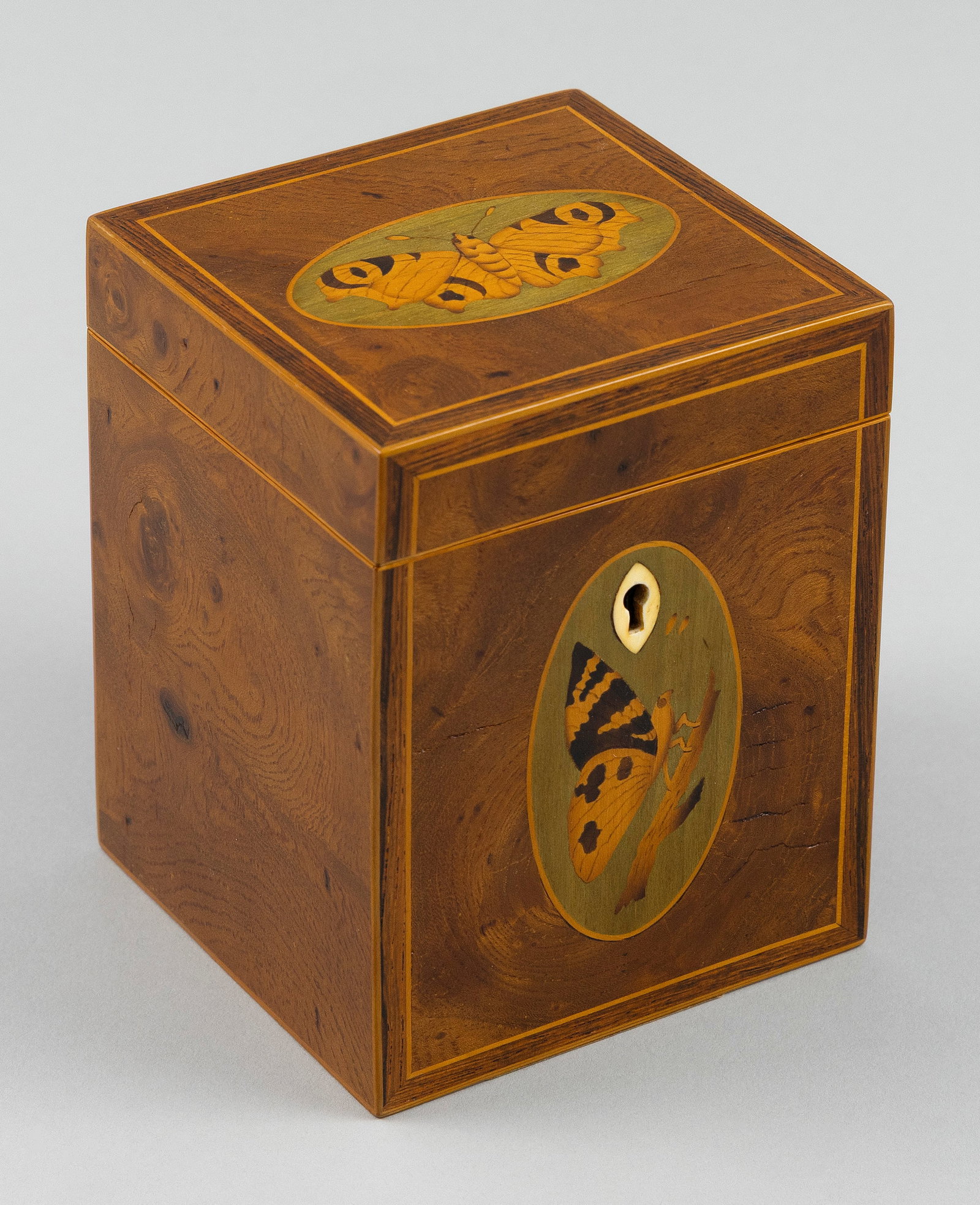 ENGLISH TEA CADDY WITH RARE BUTTERFLY INLAY England, Mid-19th Century Height 4.75". Width 3.75". (1 of 6)
