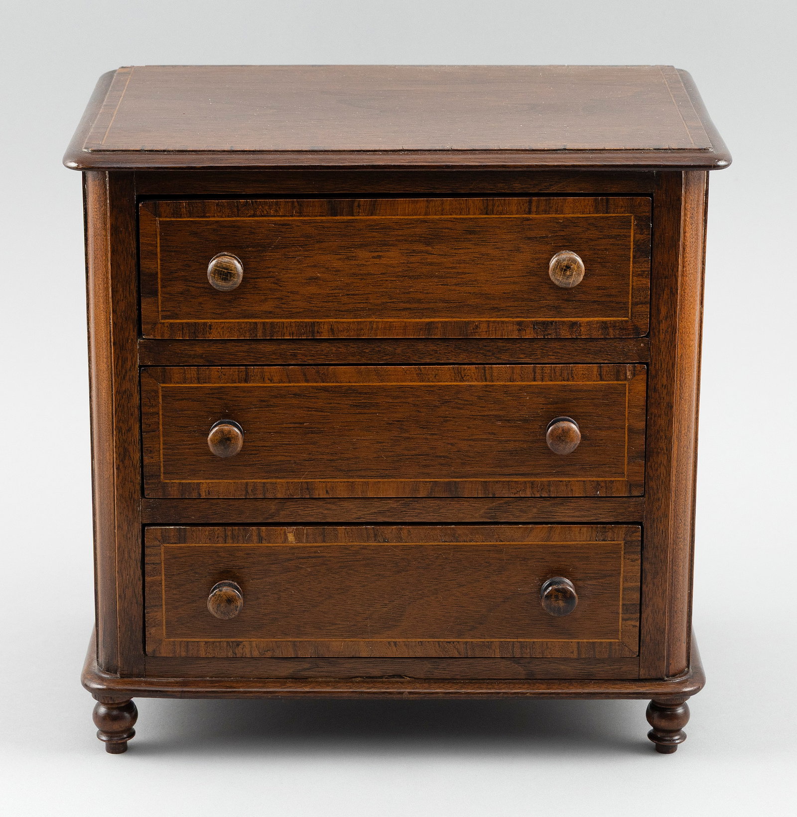 ENGLISH MINIATURE MAHOGANY THREE-DRAWER CHEST England, Mid-to Late 19th Century Height 10.75". Width (1 of 4)
