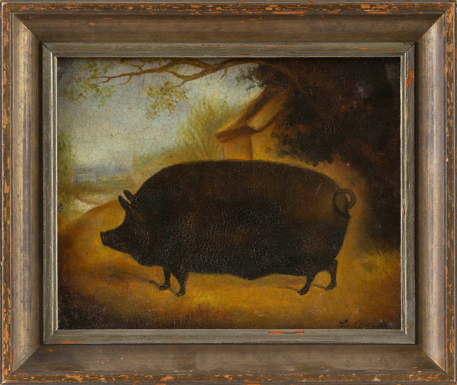 ENGLISH SCHOOL (20th Century,), Portrait of a pig., Oil on board, 8" x 10". Framed 10.5" x 12.5". (1 of 2)