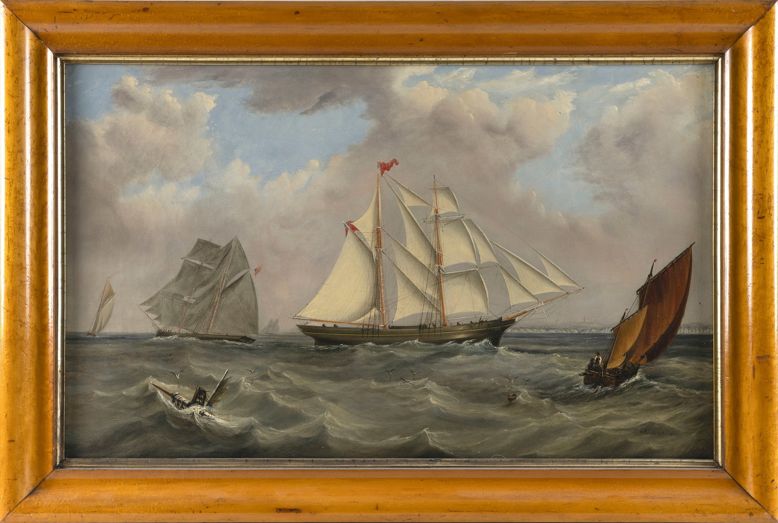 J. GRAHAM (United Kingdom, 19th Century), "British Ships off the Cliffs of Dover"., Oil on canvas,: J. GRAHAM United Kingdom, 19th Century "British Ships off the Cliffs of Dover". Signed lower right "J. Graham". Dated 1869. Oil on canvas, 18" x 30". Framed 24.5" x 36.5".