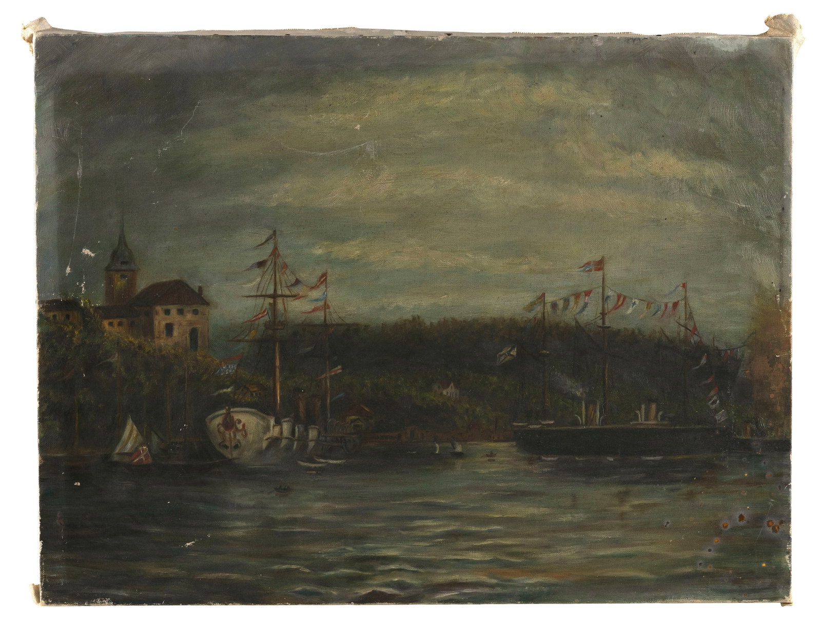 CONTINENTAL SCHOOL (19th Century,), Harbor scene., Oil on canvas, 15.5" x 21". Unframed. (1 of 2)