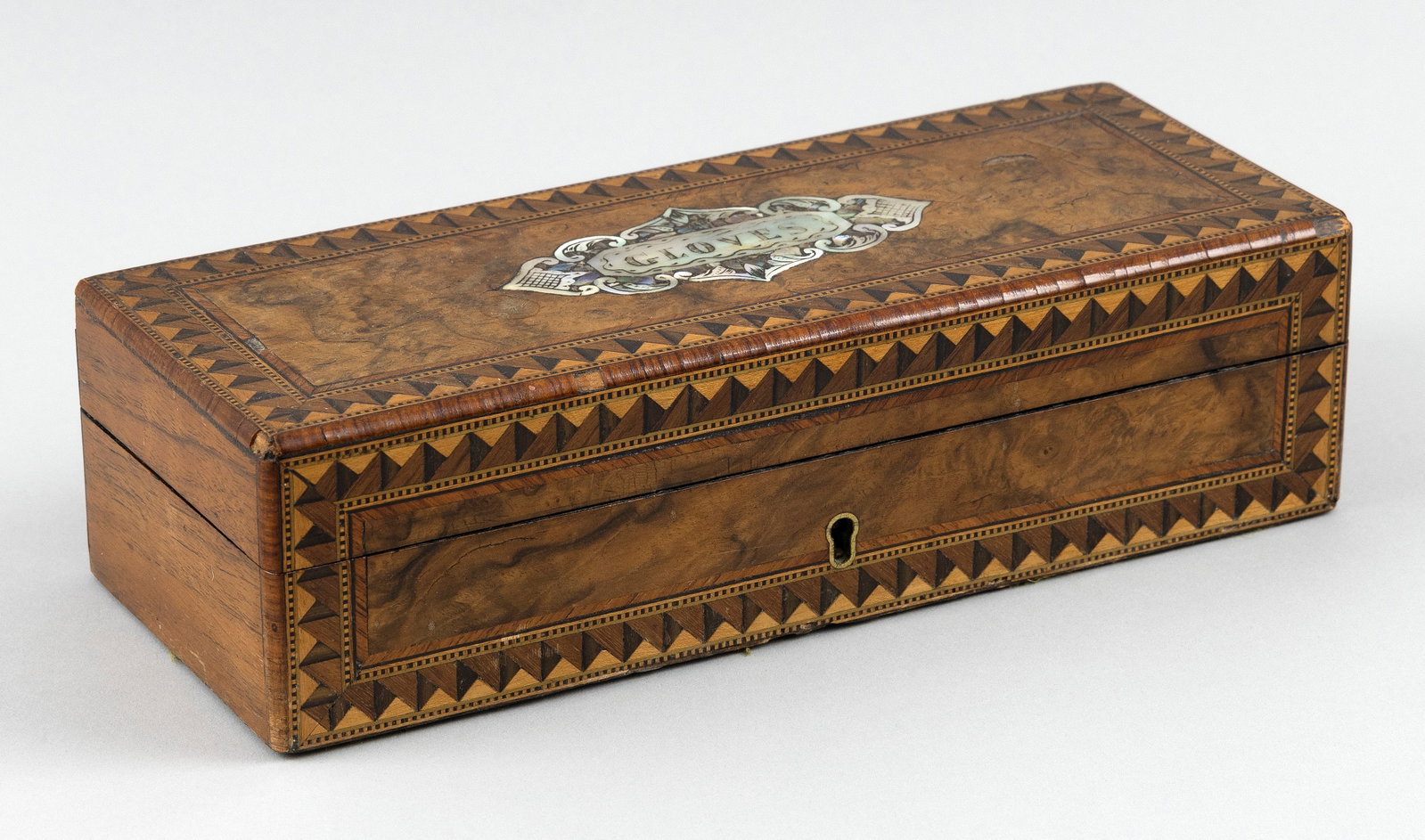 FINELY INLAID MAHOGANY GLOVE BOX Late 19th Century Height 2.75". Width 10.5". Depth 3.125". (1 of 4)