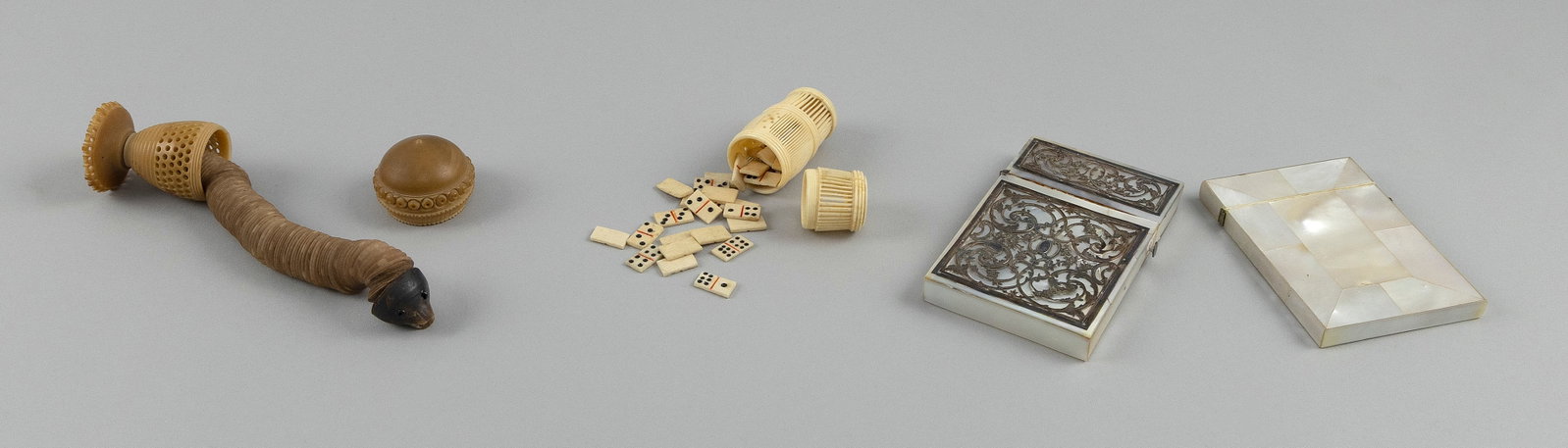 FOUR SMALL CARVED IVORY AND MOTHER-OF-PEARL COLLECTIBLES 19th Century (1 of 4)