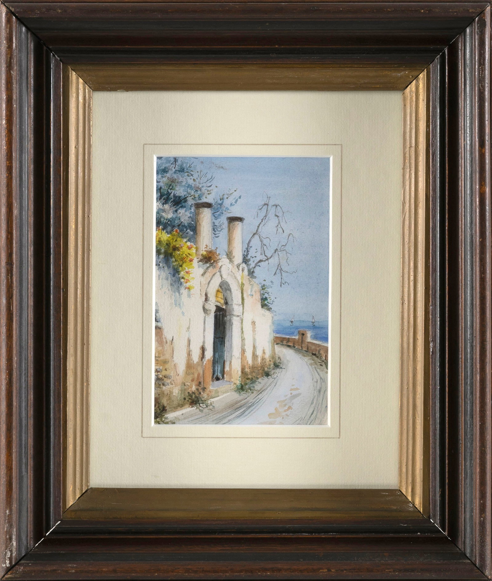 CONTINENTAL SCHOOL (Early 20th Century,), Doorway at a bend in a coastal road., Watercolor, 6.5" x (1 of 2)