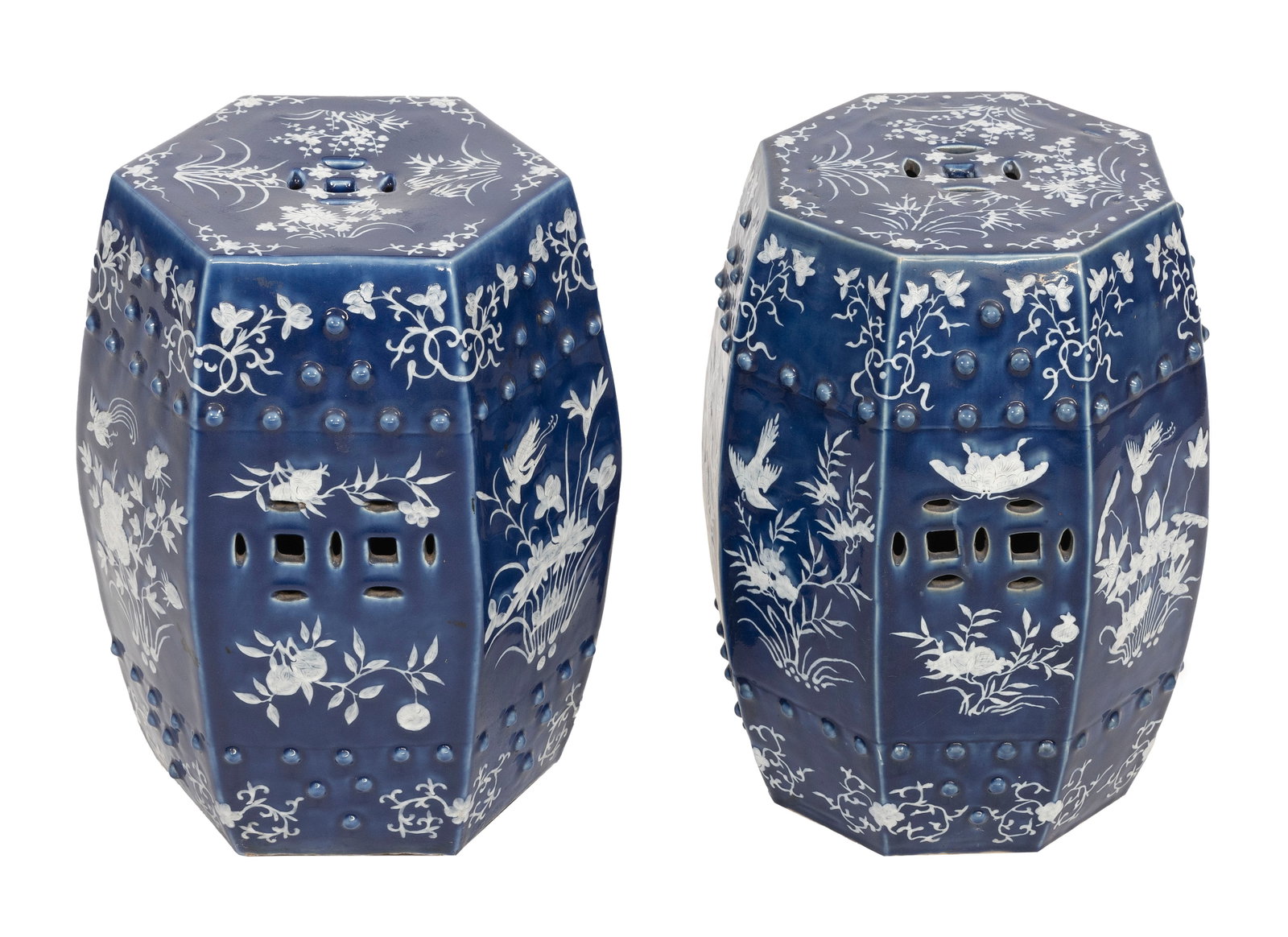 PAIR OF CHINESE BLUE AND WHITE PORCELAIN HEXAGONAL GARDEN SEATS Heights 18.75". Widths approx. 13". (1 of 3)