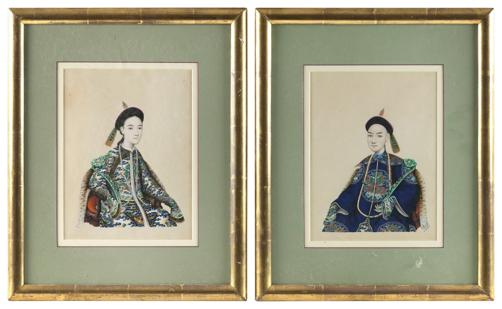 CHINESE SCHOOL (19th Century,), Pair of portraits., Watercolors on paper, 10" x 8" sight. Framed 17" (1 of 2)