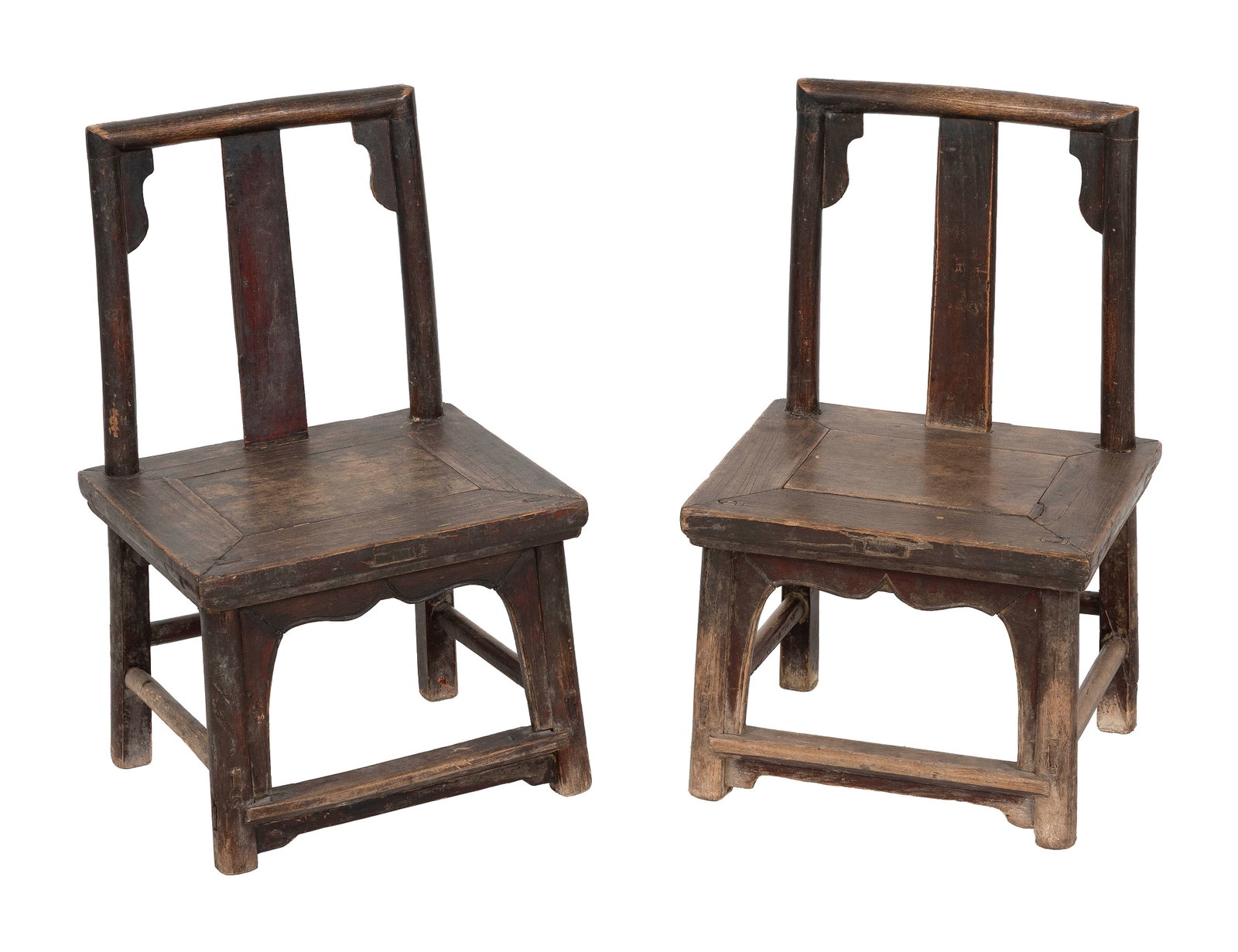 PAIR OF CHINESE ELMWOOD CHILDREN'S CHAIRS 19th Century Heights 24". Widths 14.5". (1 of 2)