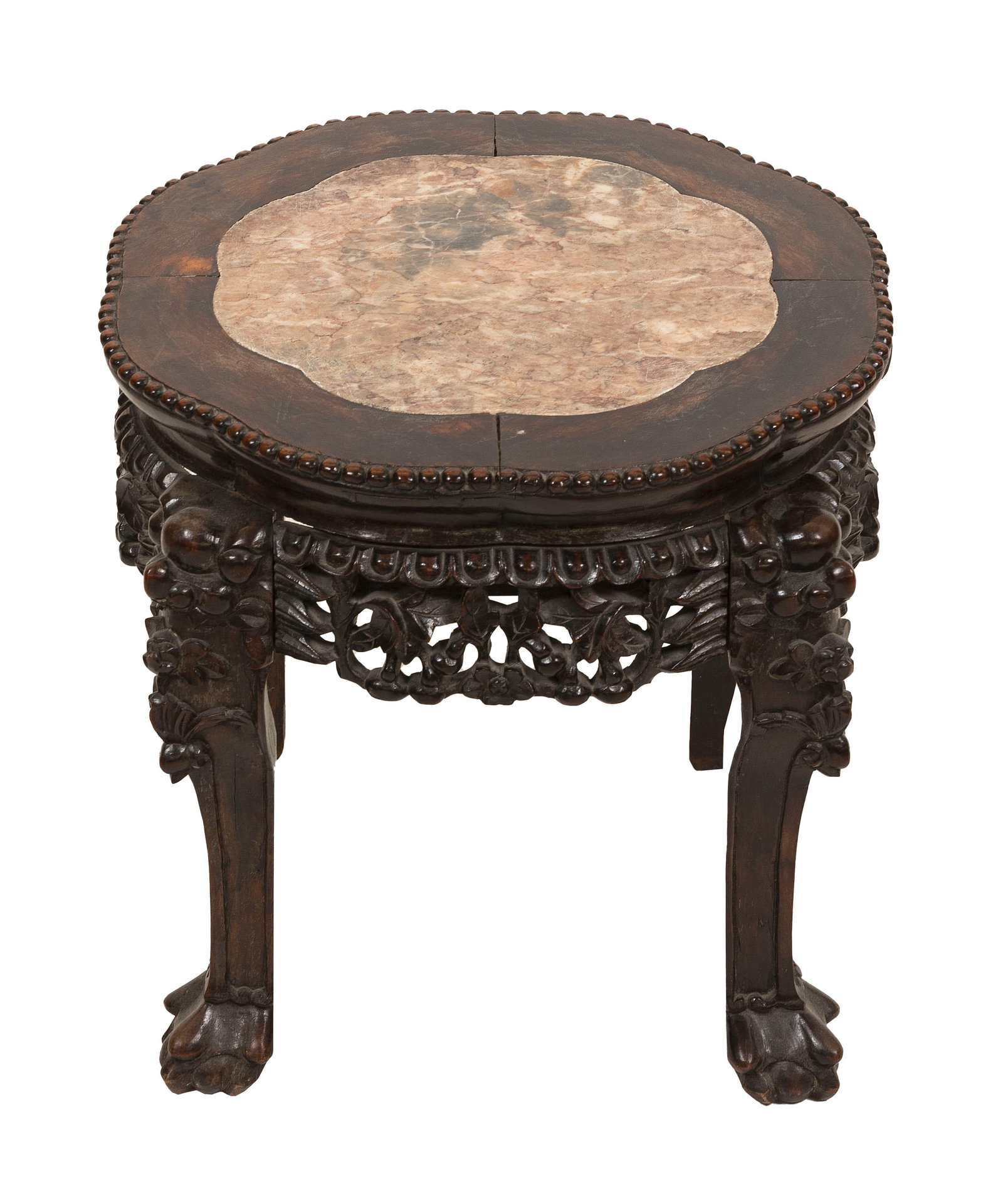 CHINESE CARVED HARDWOOD STAND WITH INSET ROUGE MARBLE TOP 19th Century Height 15.5". Top diameter (1 of 1)