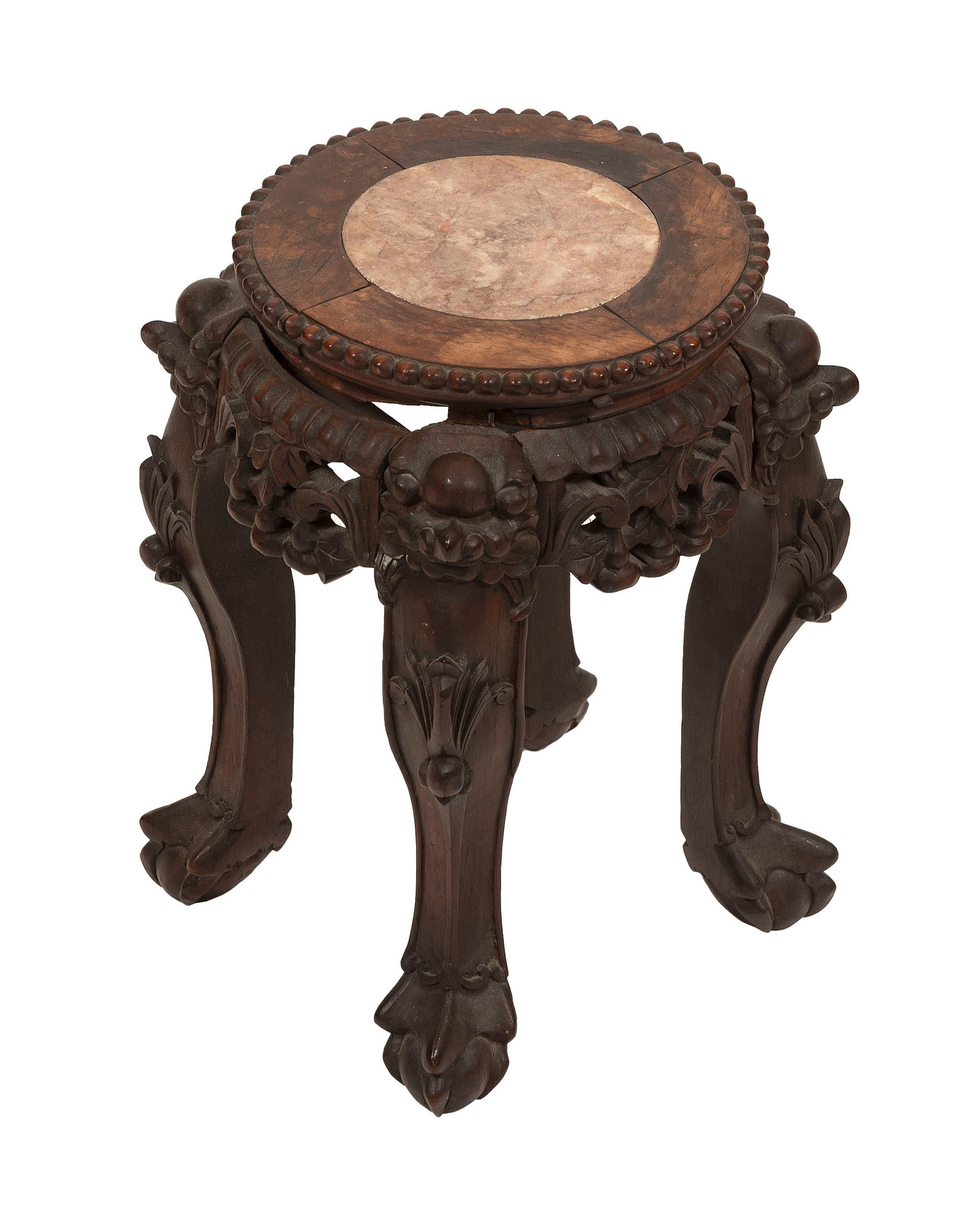 SMALL CHINESE CARVED HARDWOOD TABORET WITH INSET SOAPSTONE TOP 19th Century Height 12.5". Top (1 of 1)