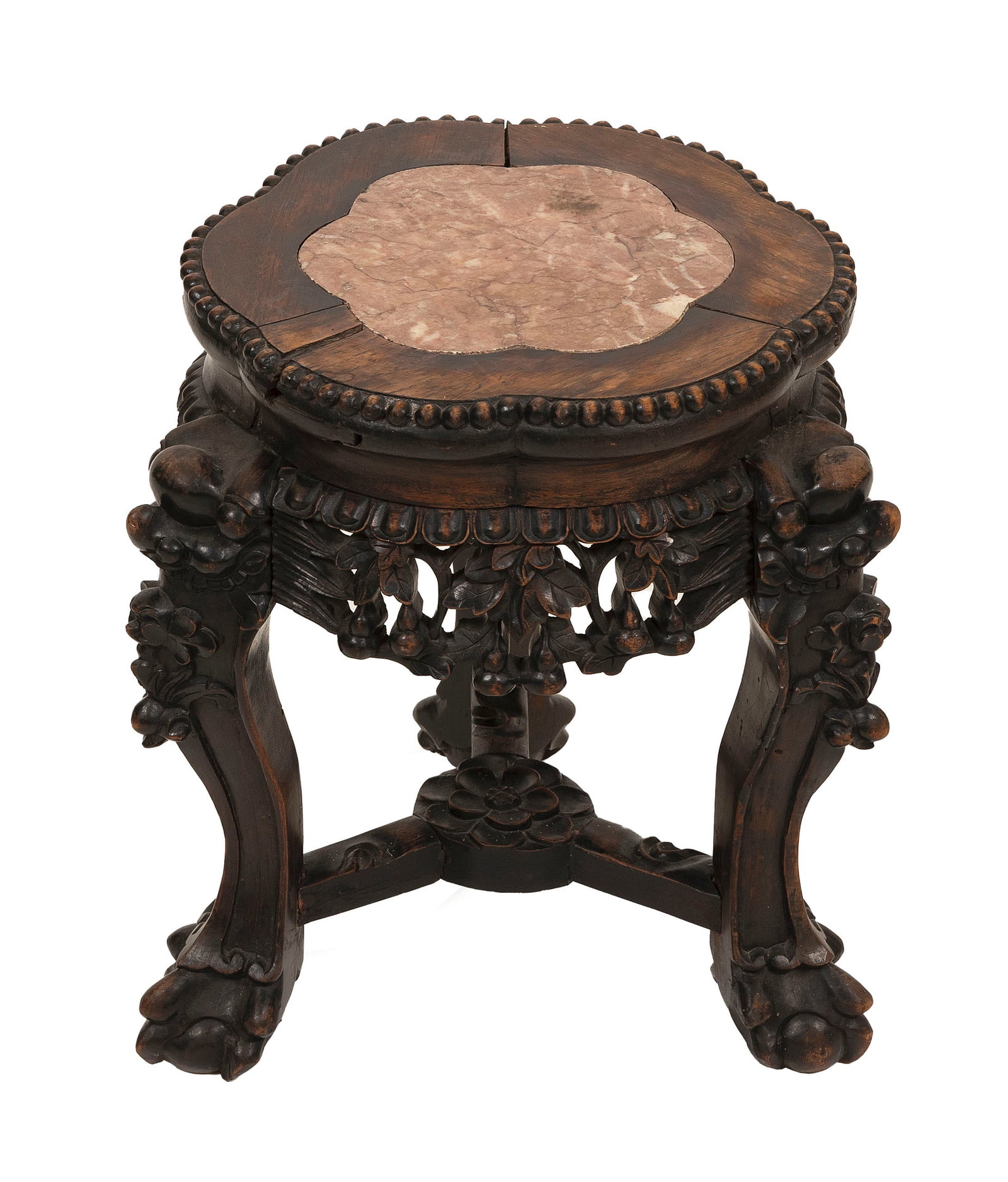 CHINESE CARVED HARDWOOD LOW STAND 19th Century Height 15.5". Top daimeter 11.5".: CHINESE CARVED HARDWOOD LOW STAND 19th Century Lobed top with inset rouge marble and beaded edge. Height 15.5". Top daimeter 11.5". Provenance: The Estate of Dr. William E. Strole Jr. of Boston, Massa