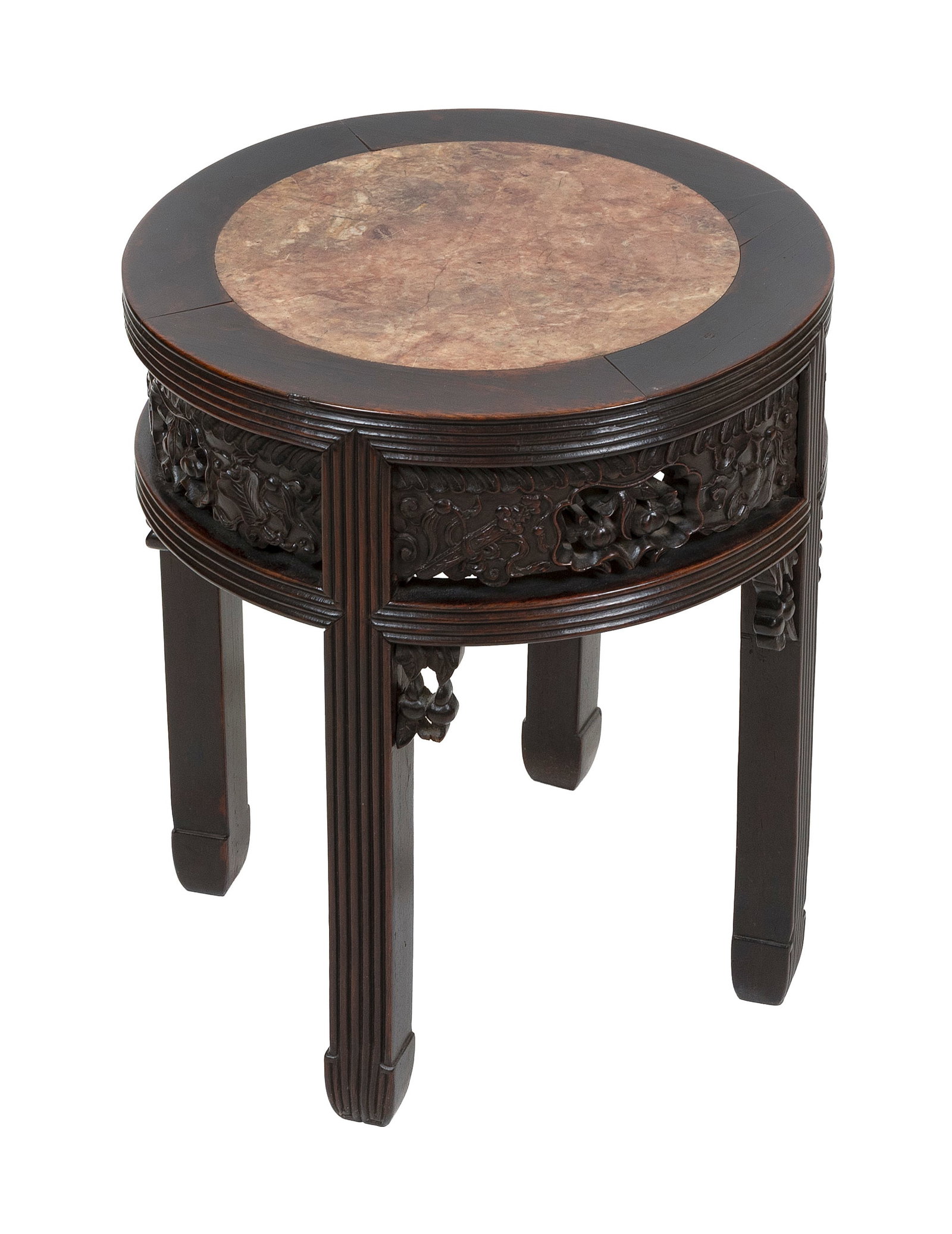 CHINESE CARVED HARDWOOD STAND WITH INSET ROUGE MARBLE TOP 19th Century Height 19". Top diameter: CHINESE CARVED HARDWOOD STAND WITH INSET ROUGE MARBLE TOP 19th Century Height 19". Top diameter 16.25". Provenance: The Estate of Dr. William E. Strole Jr. of Boston, Massachusetts.