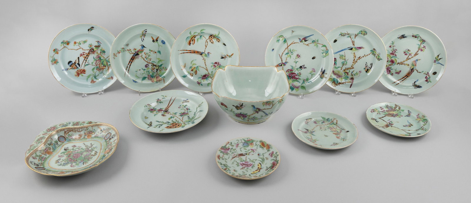 TWELVE PIECES OF CHINESE EXPORT CELADON PORCELAIN 19th Century Plate diameters from 7" to 10". (1 of 2)