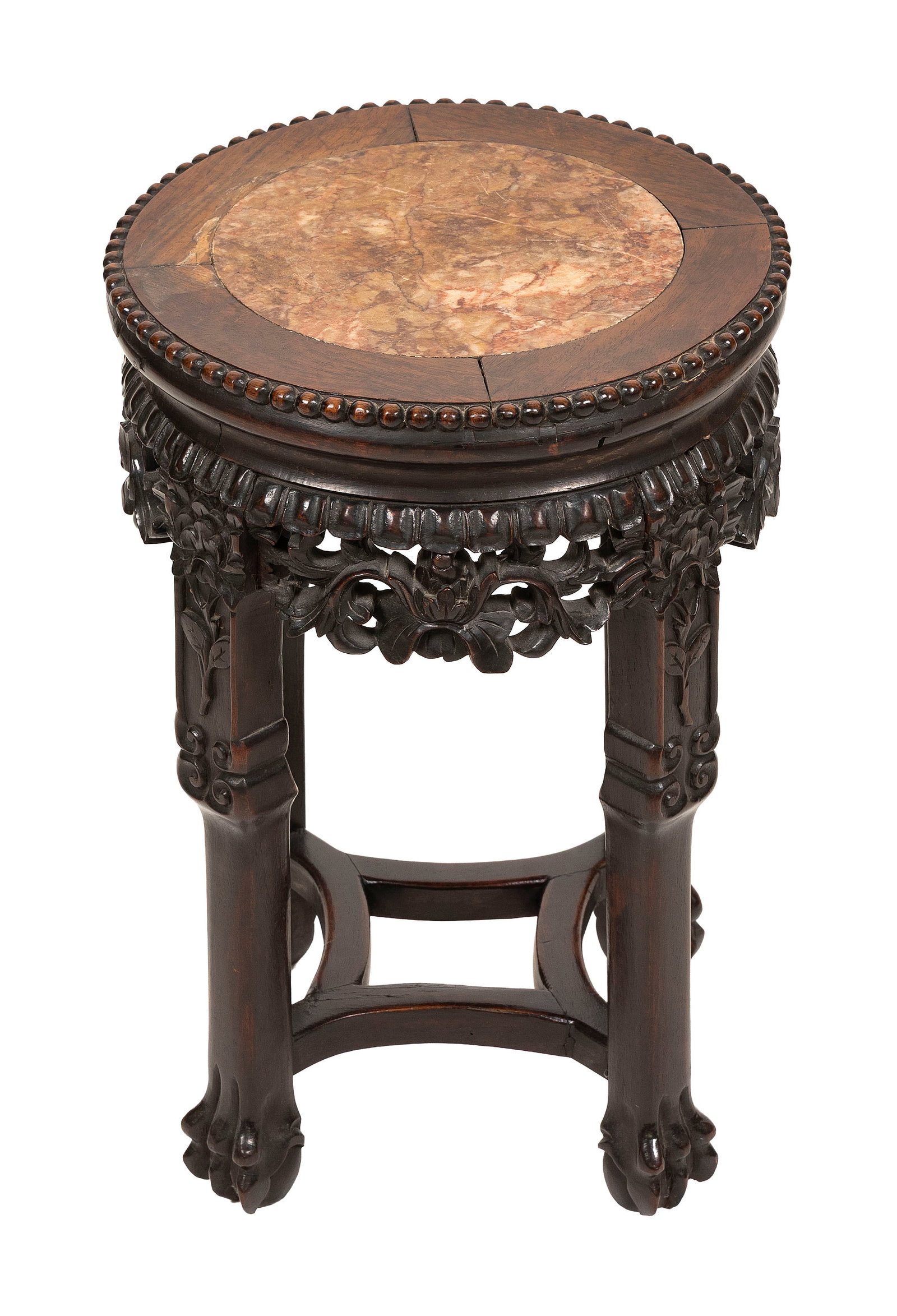 CHINESE CARVED WOOD STAND WITH INSET ROUGE MARBLE TOP 19th Century Height 18". Top diameter 12.25". (1 of 2)