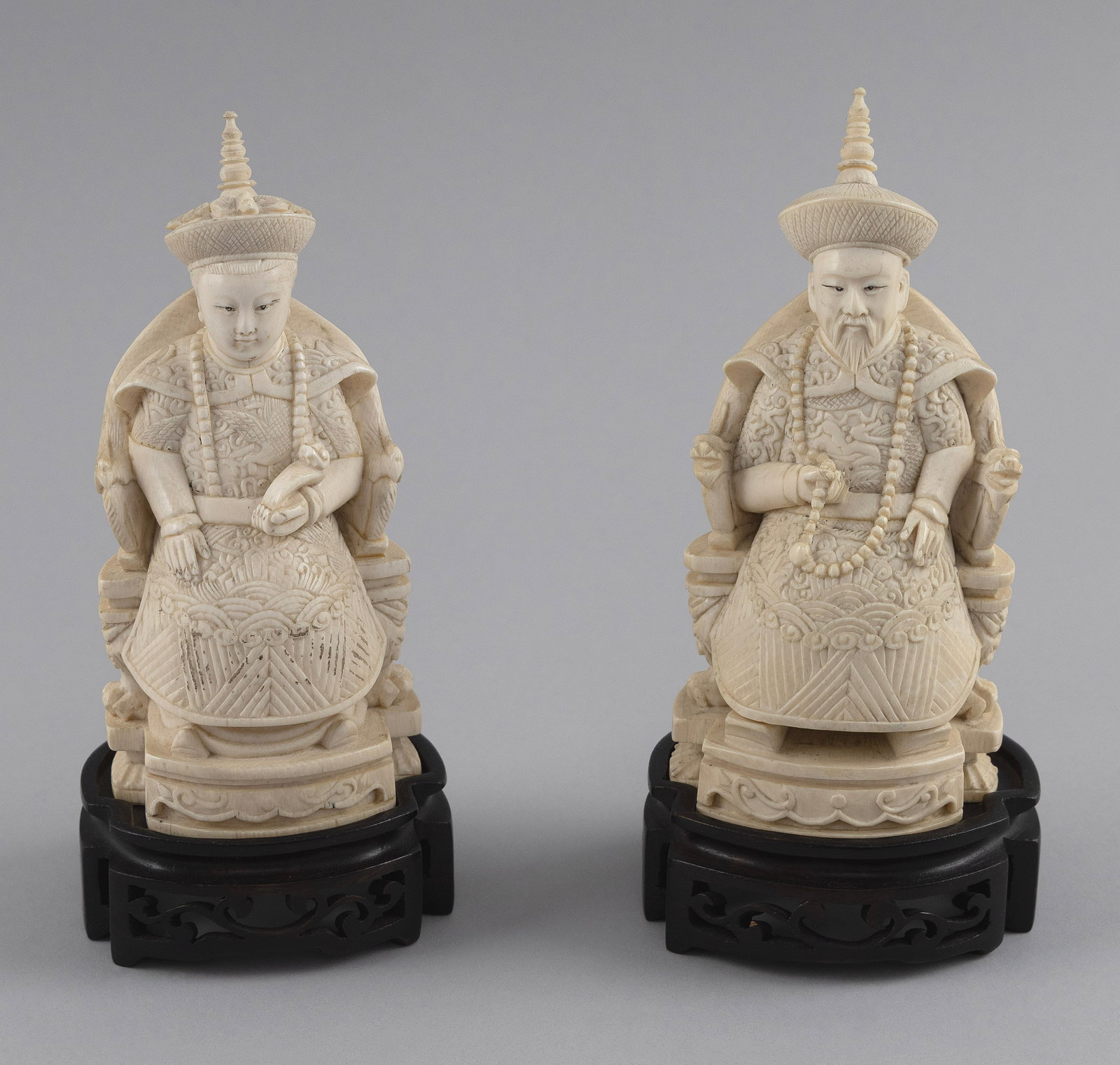 PAIR OF CHINESE EXPORT CARVED IVORY OR BONE EMPEROR AND EMPRESS FIGURES Mid-19th Century Heights (1 of 5)