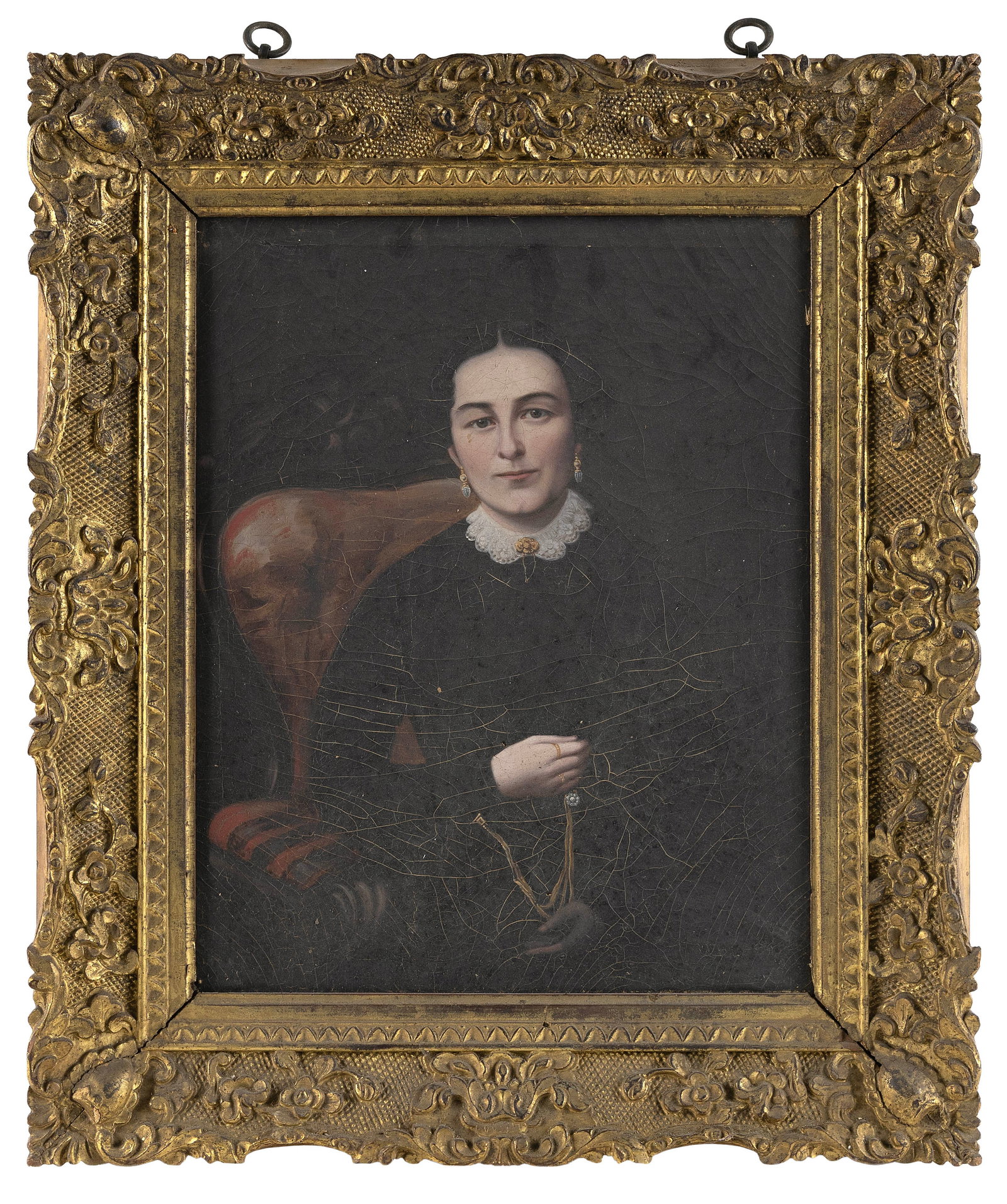 CHINESE SCHOOL (19th Century,), China trade portrait of a woman., Oil on canvas, 16.25" x 13".: CHINESE SCHOOL 19th Century China trade portrait of a woman. Unsigned. Oil on canvas, 16.25" x 13". Framed 22" x 19". Provenance: The Estate of Dr. William E. Strole Jr. of Boston, Massachusetts.