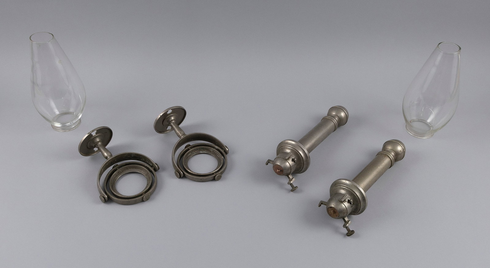 PAIR OF NICKELED BRASS SHIP'S GIMBALED CANDLEHOLDERS Early 19th Century Total heights including (1 of 2)