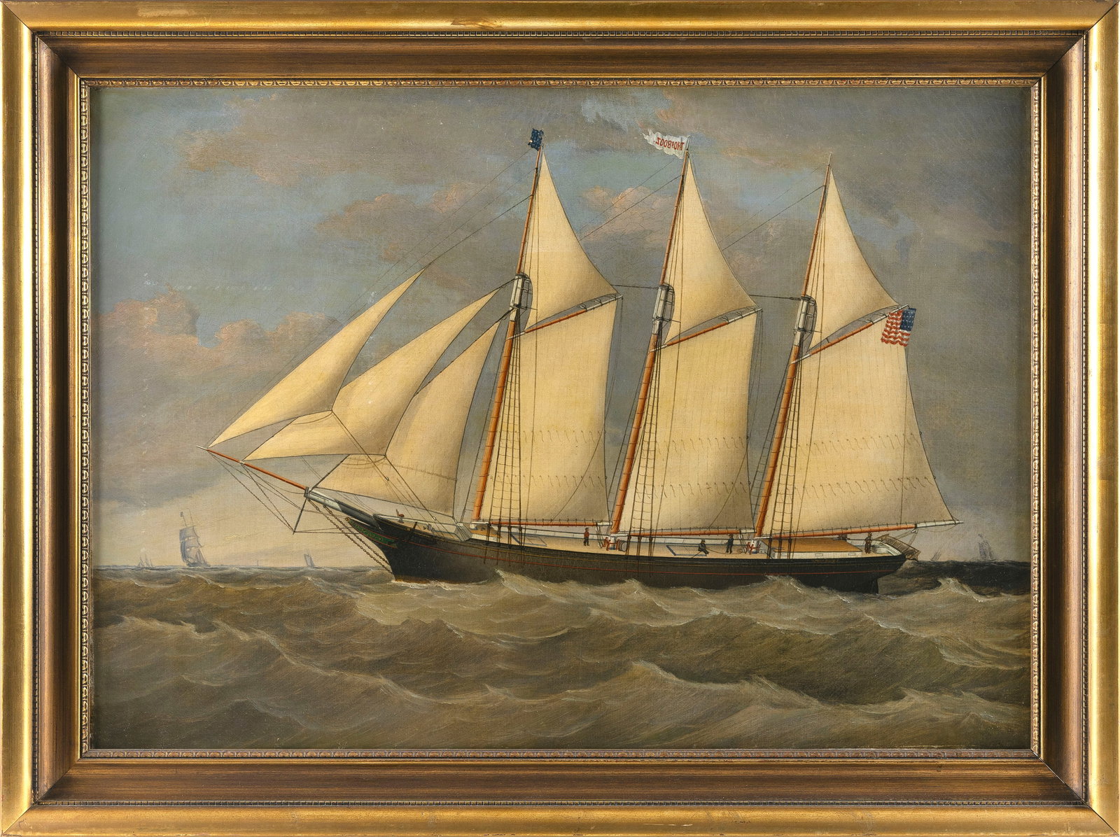 AMERICAN SCHOOL (19th Century,), Portrait of a three-masted schooner, Oil on canvas. Framed 30.25" x (1 of 2)