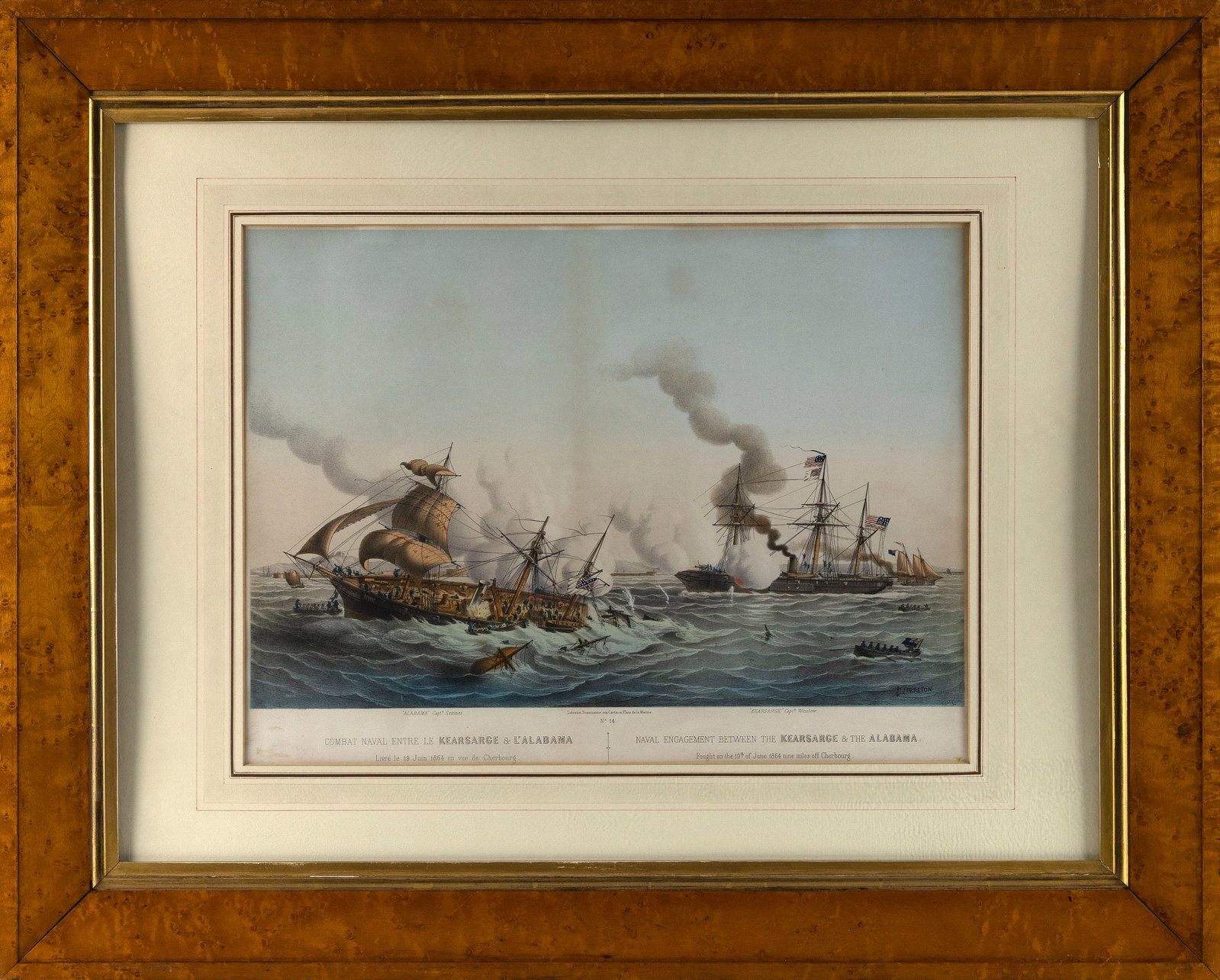 HAND-COLORED LITHOGRAPH "NAVAL ENGAGEMENT BETWEEN THE KEARSARGE & THE ALABAMA" 19th Century 14.5" x (1 of 2)