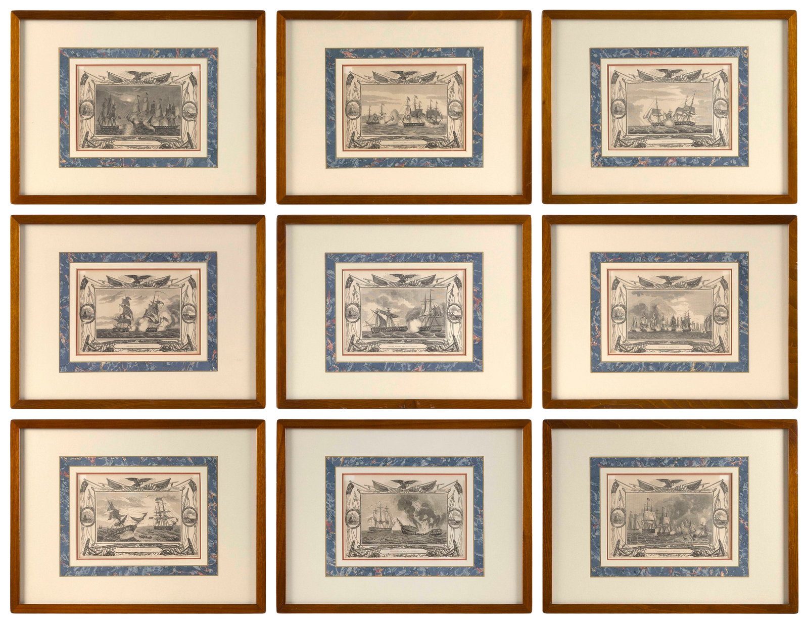SET OF NINE NAUTICAL BOOKPLATES 19th Century Approx. 5.5" x 8" sight.: SET OF NINE NAUTICAL BOOKPLATES 19th Century Depict American naval battles. Housed in quality matching cherry wood frames with French matting. Approx. 5.5" x 8" sight.