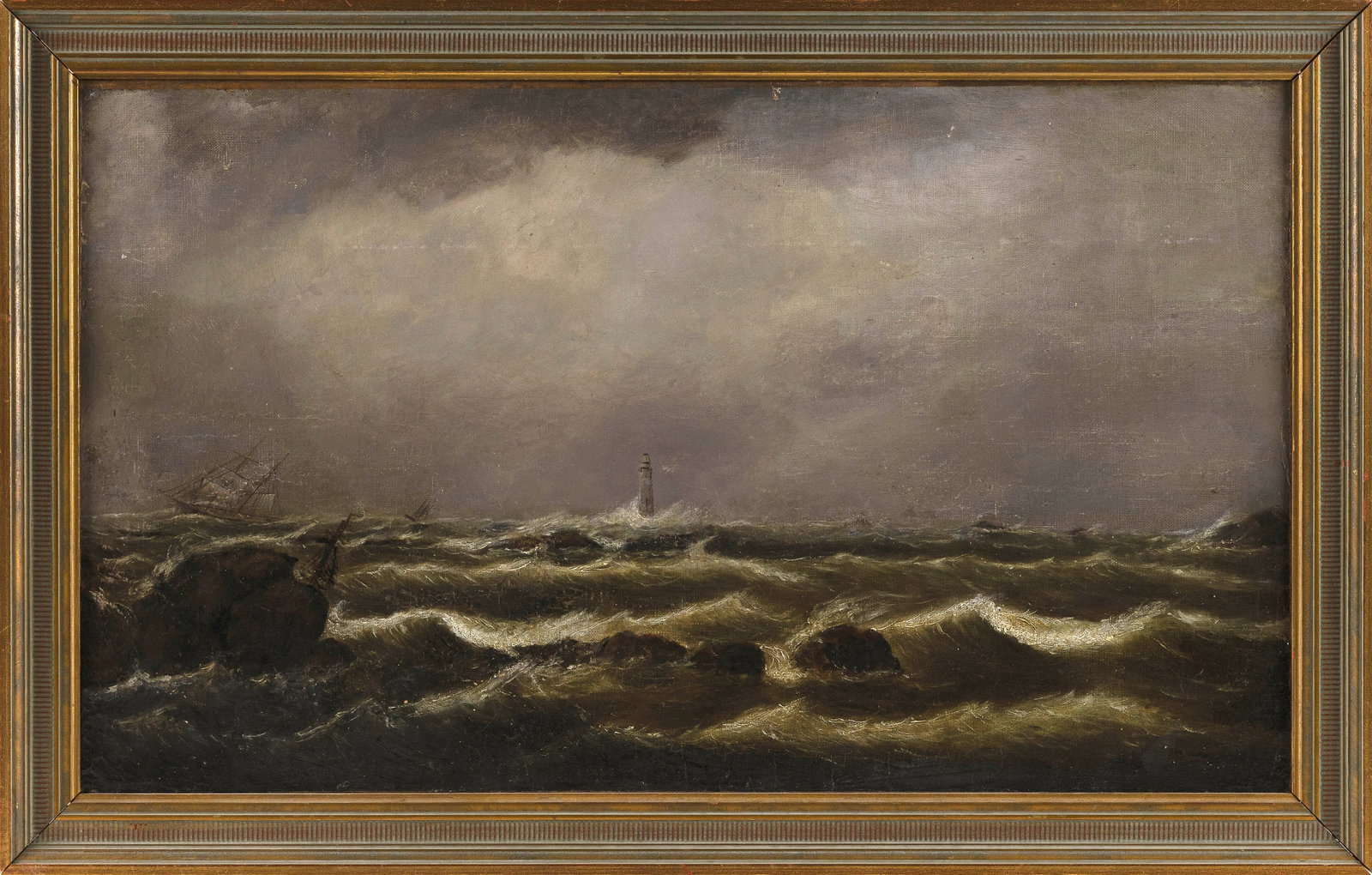 CLEMENT DREW (Massachusetts, 1806-1889), Minots Ledge Light., Oil on canvas, 14" x 24". Framed 17" x (1 of 2)