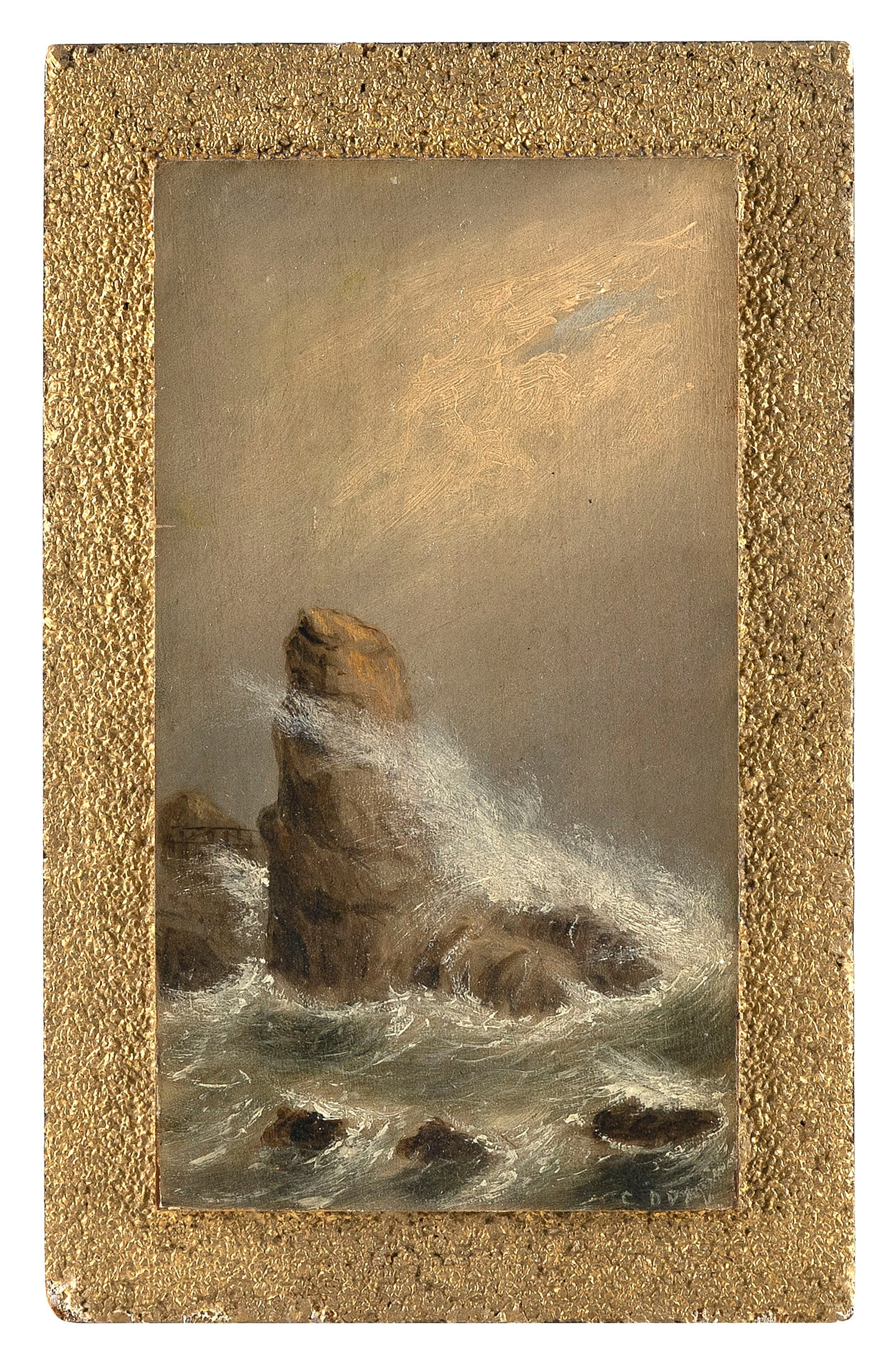 CLEMENT DREW (Massachusetts, 1806-1889), "Pulpit Rock Nahant"., Oil on beveled edge panel, 9" x 5" (1 of 2)