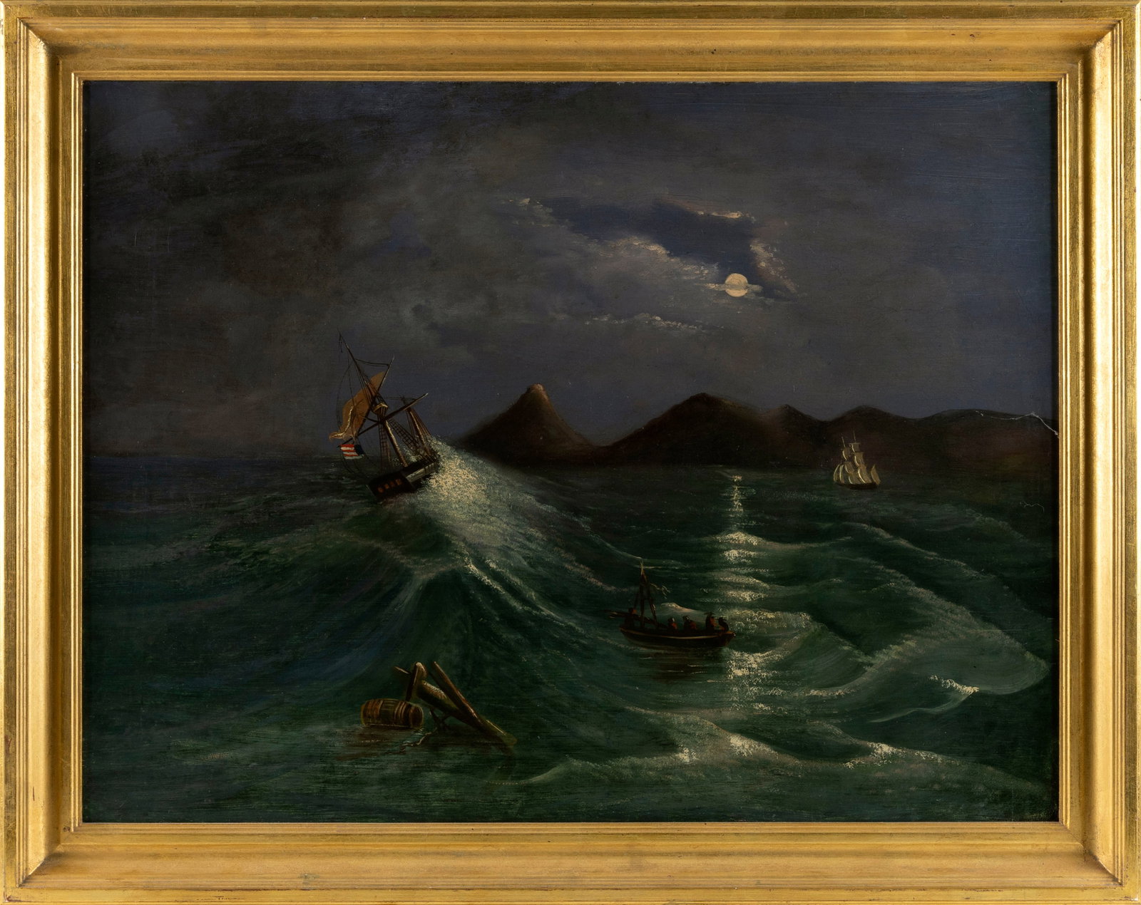 AMERICAN SCHOOL (Late 19th Century,), Rescue at sea., Oil on canvas, 26.75" x 35.25". Framed 32.5" x: AMERICAN SCHOOL Late 19th Century Rescue at sea. Unsigned. Oil on canvas, 26.75" x 35.25". Framed 32.5" x 40".
