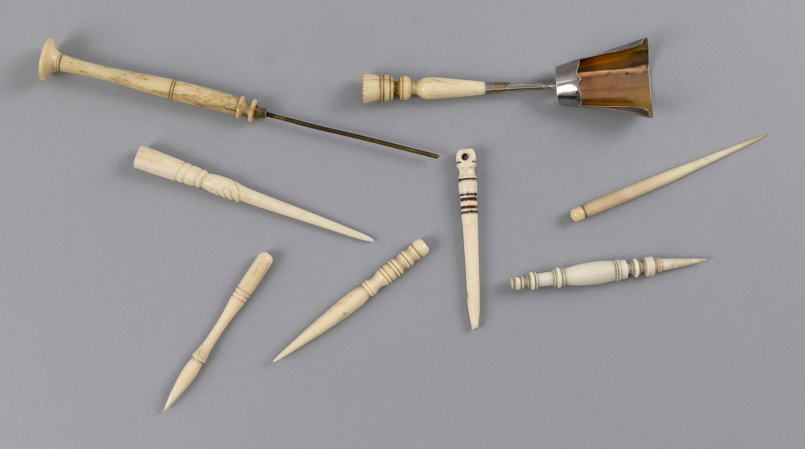 EIGHT WHALEBONE AND WHALE IVORY IMPLEMENTS 19th Century Lengths from 2.875" to 6.5". (1 of 2)