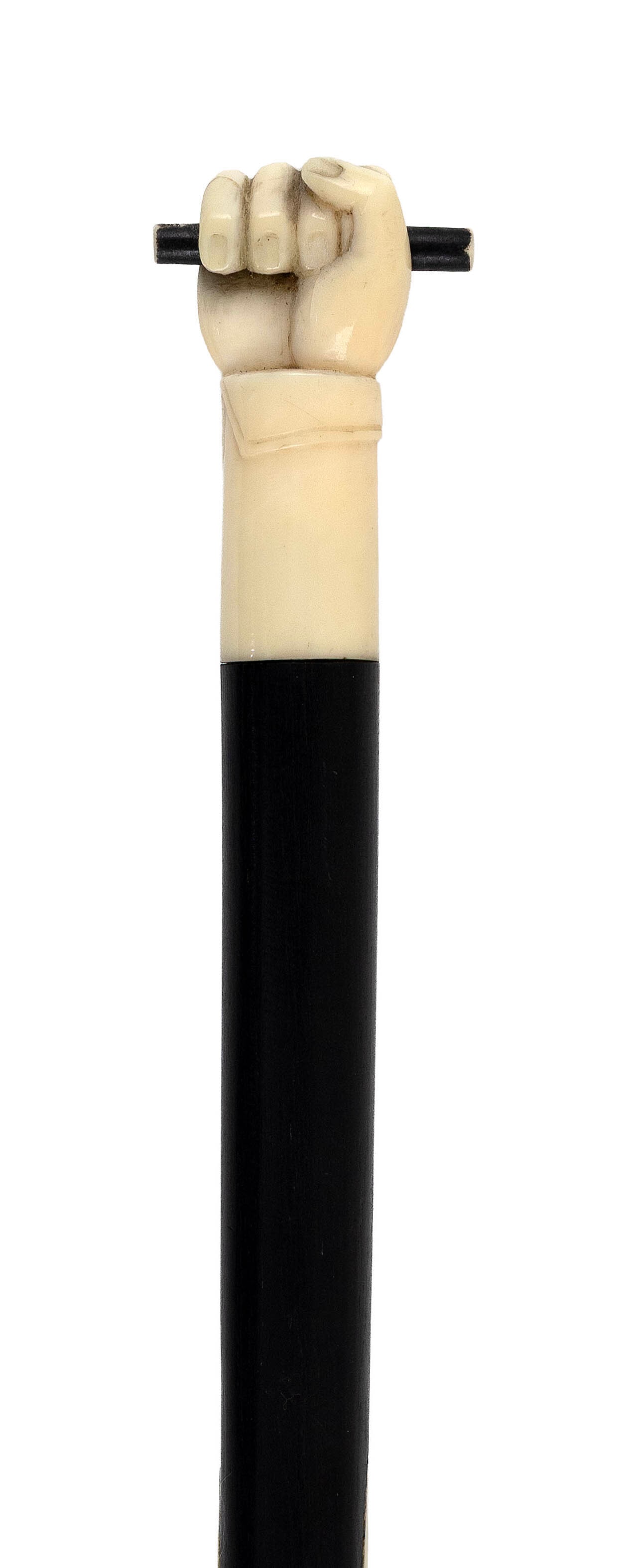 EBONY WALKING STICK WITH WHALE IVORY CLENCHED FIST HANDLE 19th Century Length 36".: Y Y EBONY WALKING STICK WITH WHALE IVORY CLENCHED FIST HANDLE 19th Century Shaft with an inlaid whale ivory diamond around hole for wrist cord and a whalebone ferrule. Length 36". **This item contains