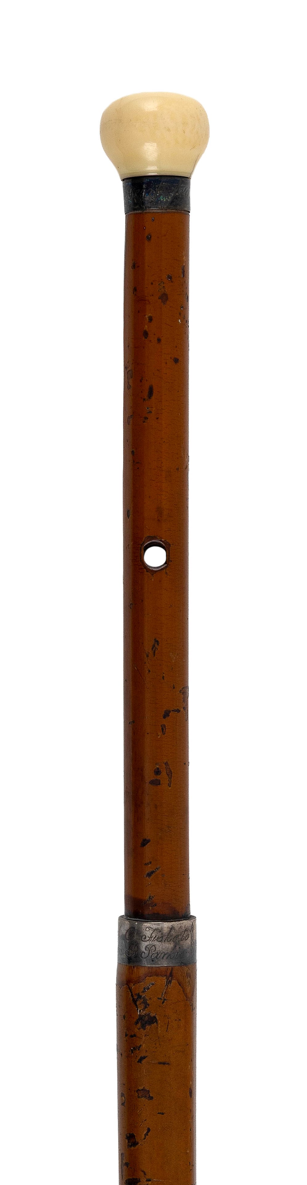 CANE WITH WHALE IVORY BALL HANDLE 19th Century Length 33.75".: CANE WITH WHALE IVORY BALL HANDLE 19th Century Hardwood shaft with brass ferrule. Length 33.75".