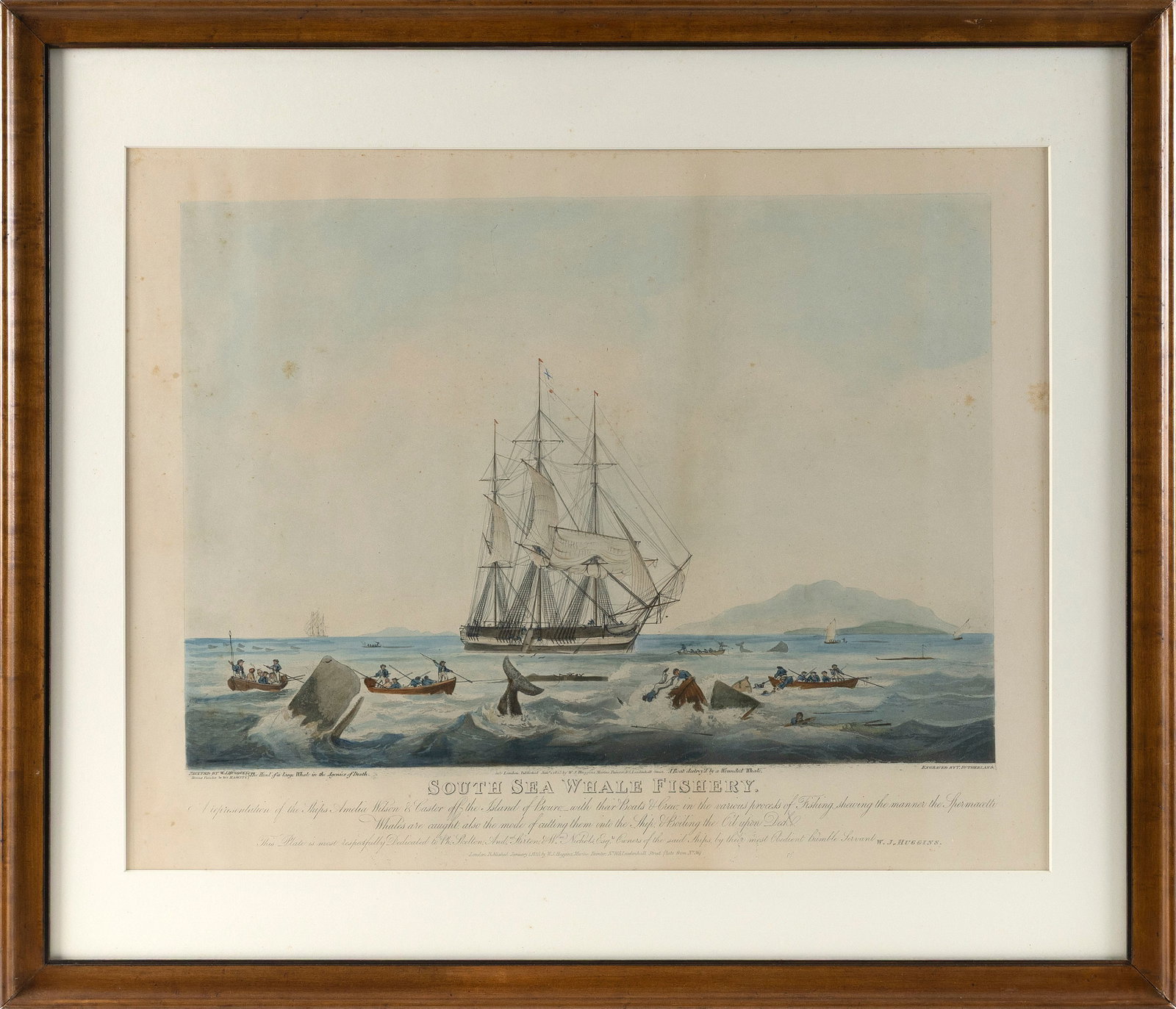 HAND-COLORED LITHOGRAPH "SOUTH SEAS WHALE FISHERY" Mid-19th Century On paper, 18" x 24". Framed: HAND-COLORED LITHOGRAPH "SOUTH SEAS WHALE FISHERY" Mid-19th Century Published by W.J. Huggins, London, 1825. On paper, 18" x 24". Framed 24.5" x 28".