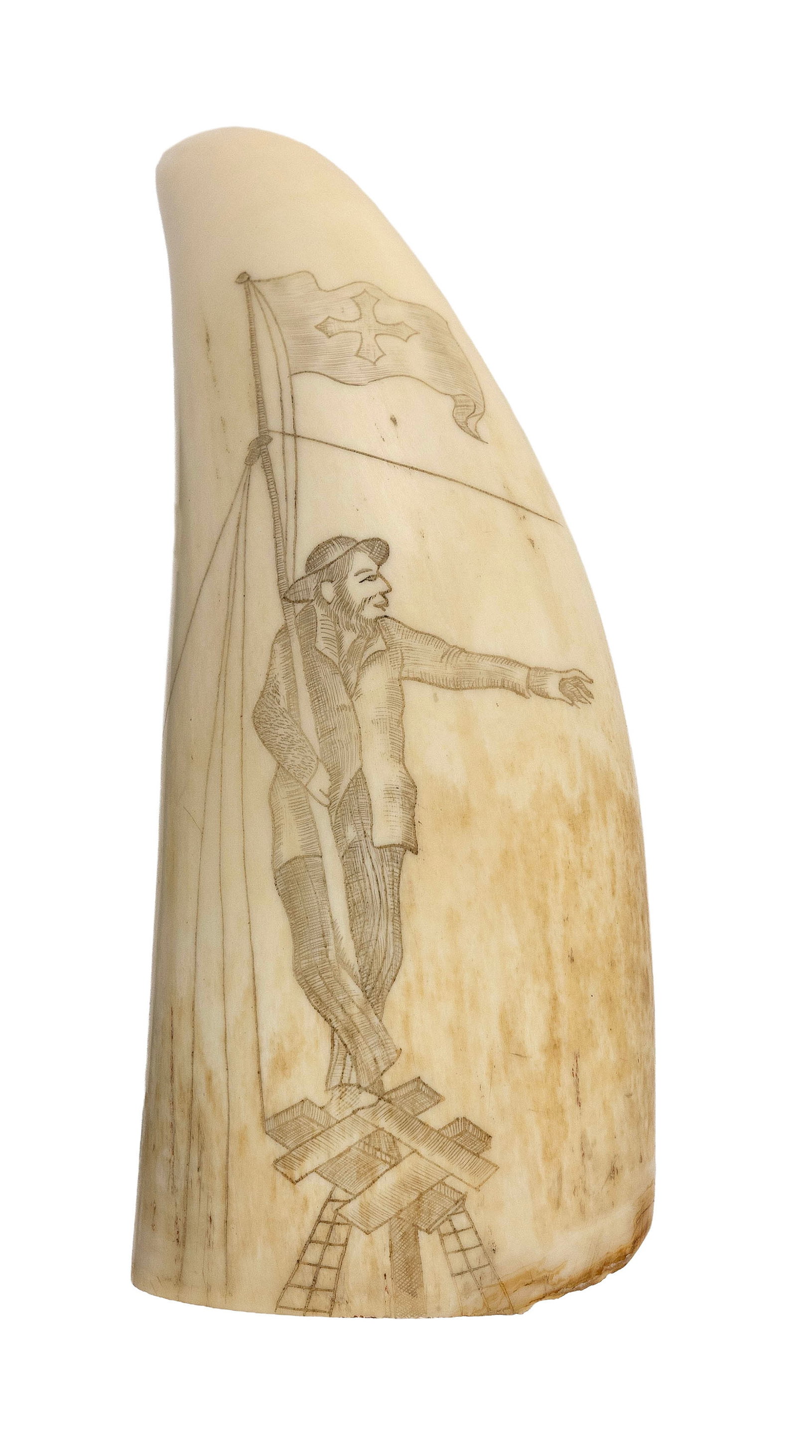 SCRIMSHAW WHALE'S TOOTH DEPICTING A SAILOR Late 19th/Early 20th Century Length 5". (1 of 2)