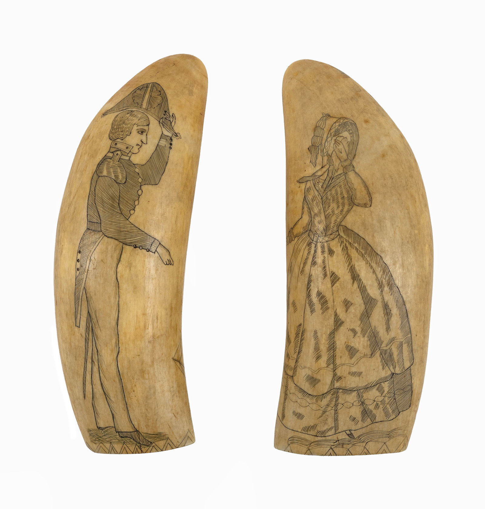 PAIR OF SCRIMSHAW WHALE'S TEETH WITH PORTRAITS 19th Century Lengths 6". (1 of 2)