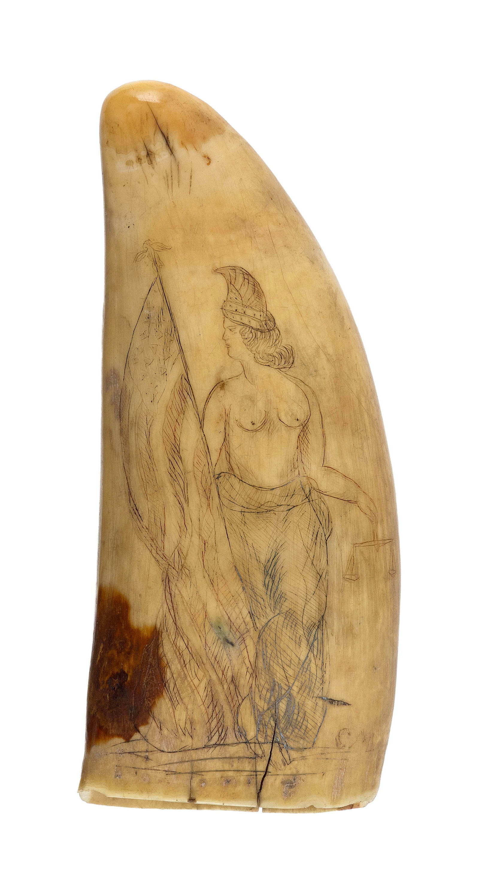 SCRIMSHAW WHALE'S TOOTH DEPICTING LADY JUSTICE 19th Century Length 5". (1 of 2)