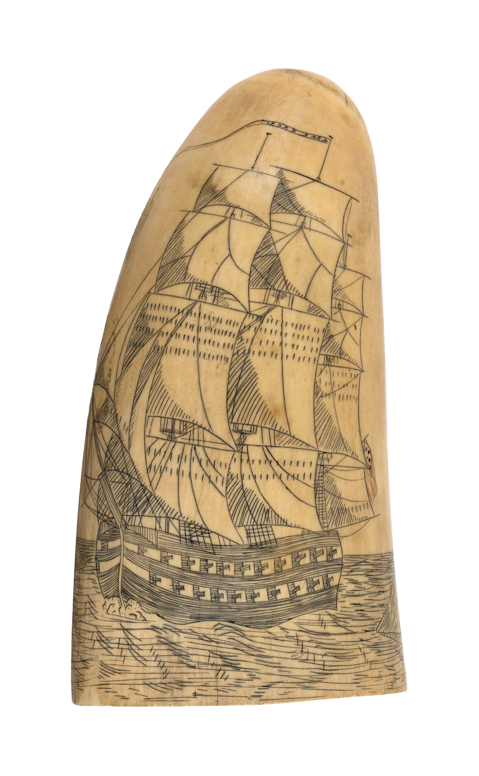 * ENGRAVED WHALE'S TOOTH WITH MARITIME MOTIFS Length 5". (1 of 4)