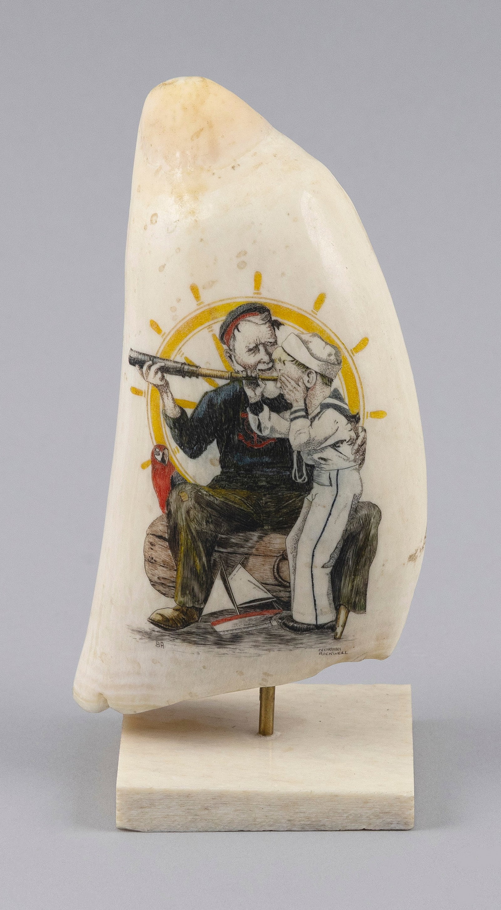 * ENGRAVED POLYCHROME WHALE'S TOOTH 20th Century Length 5.75". (1 of 4)
