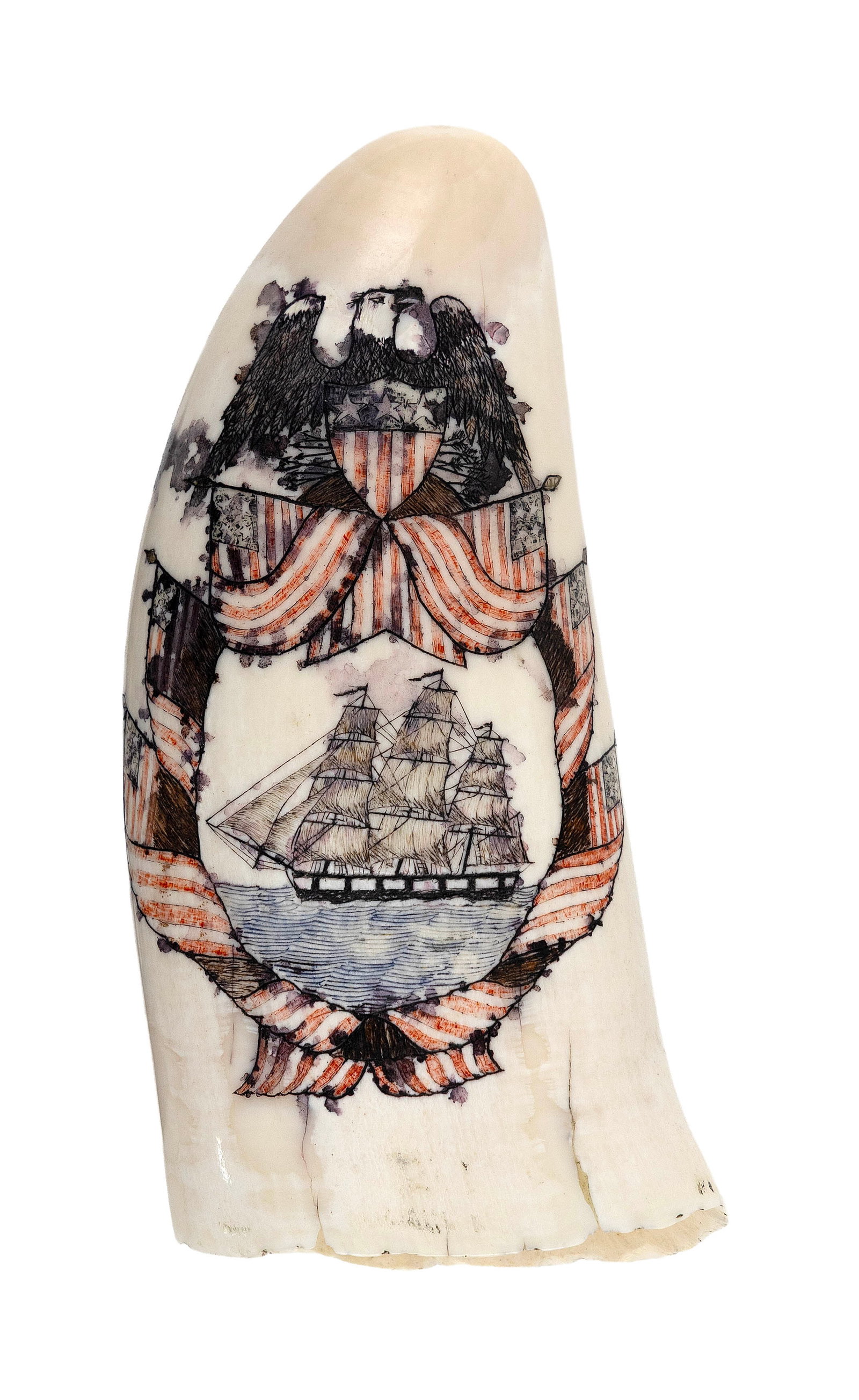 * POLYCHROME ENGRAVED WHALE'S TOOTH WITH SHIP PORTRAIT 20th Century Length 5". (1 of 4)