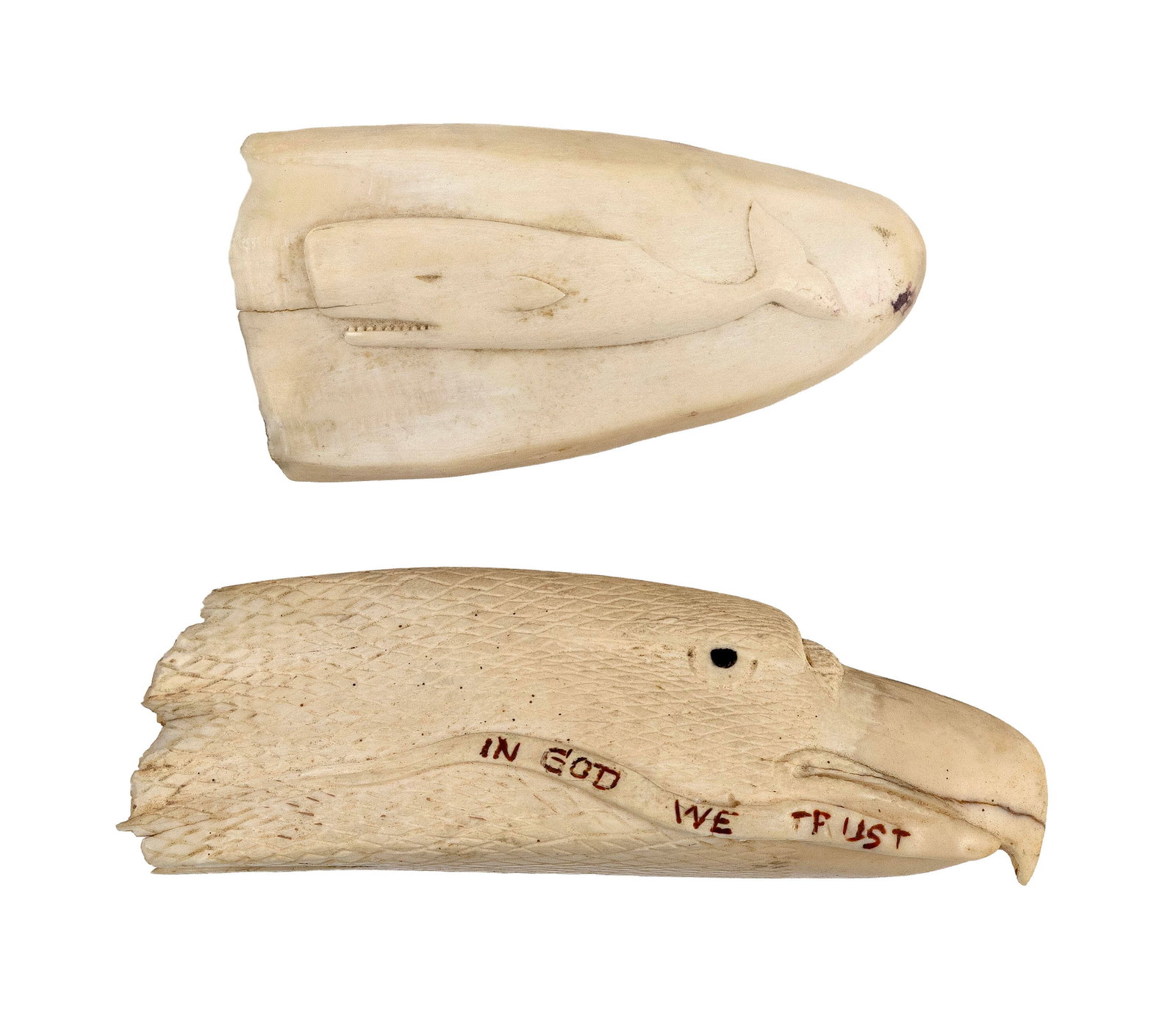 * TWO CARVED WHALE'S TEETH 20th Century Lengths 5.5" and 6.75". (1 of 2)