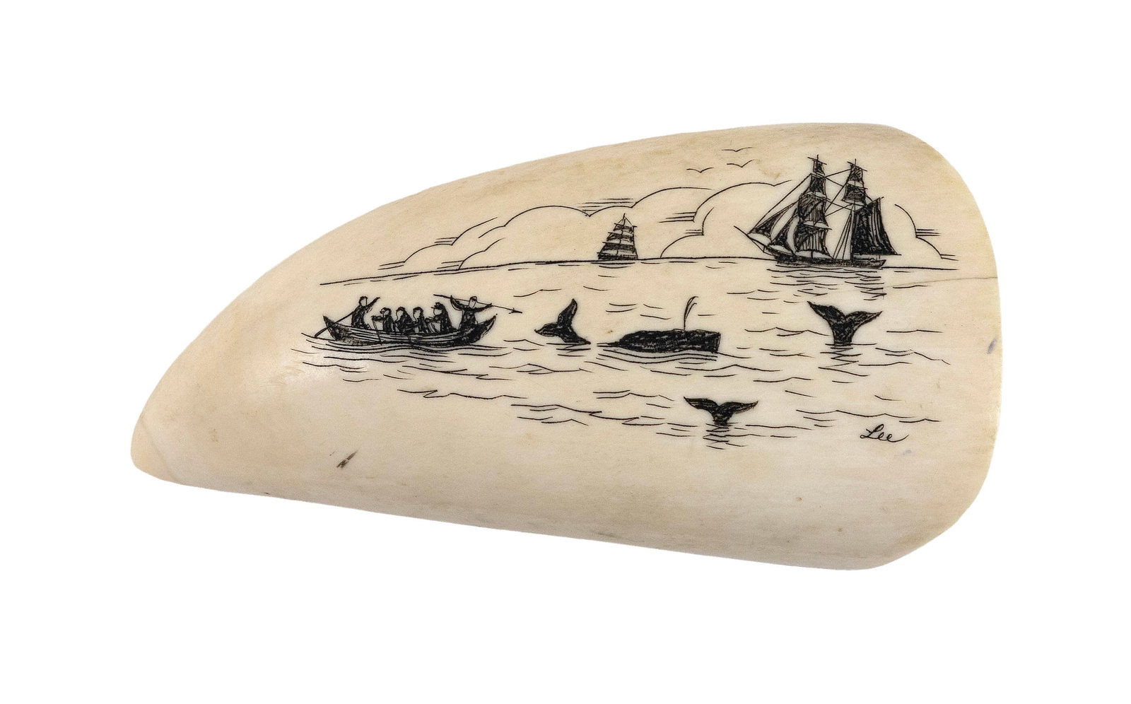 * ENGRAVED WHALE'S TOOTH BY JAMES W. LEE 20th Century Length 4". (1 of 2)