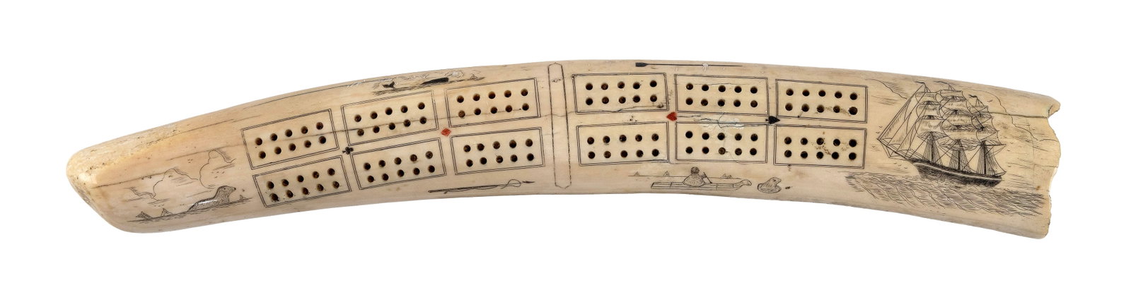 ESKIMO ENGRAVED WALRUS TUSK CRIBBAGE BOARD 20th Century Length 15". (1 of 4)