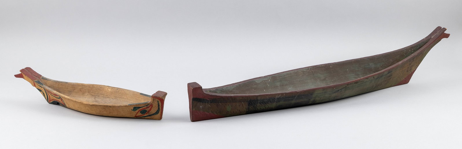 TWO MAKAH PAINTED CEDAR WHALEBOAT MODELS Neah Bay, Northwest Coast, Alaska, Late 19th/Early 20th (1 of 4)