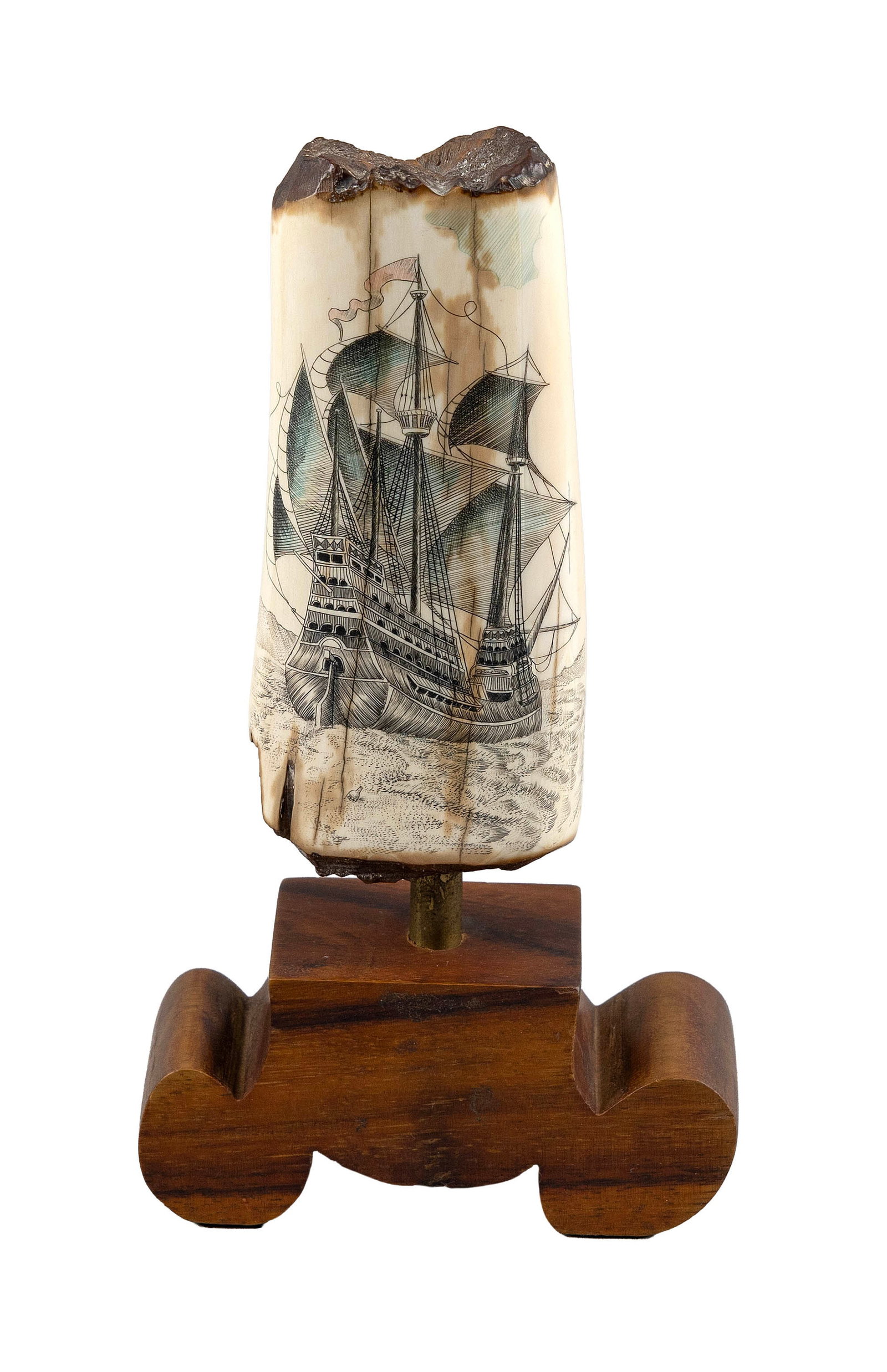 POLYCHROME ENGRAVED SECTION OF A FOSSILIZED WALRUS TUSK Height on stand 8". (1 of 4)