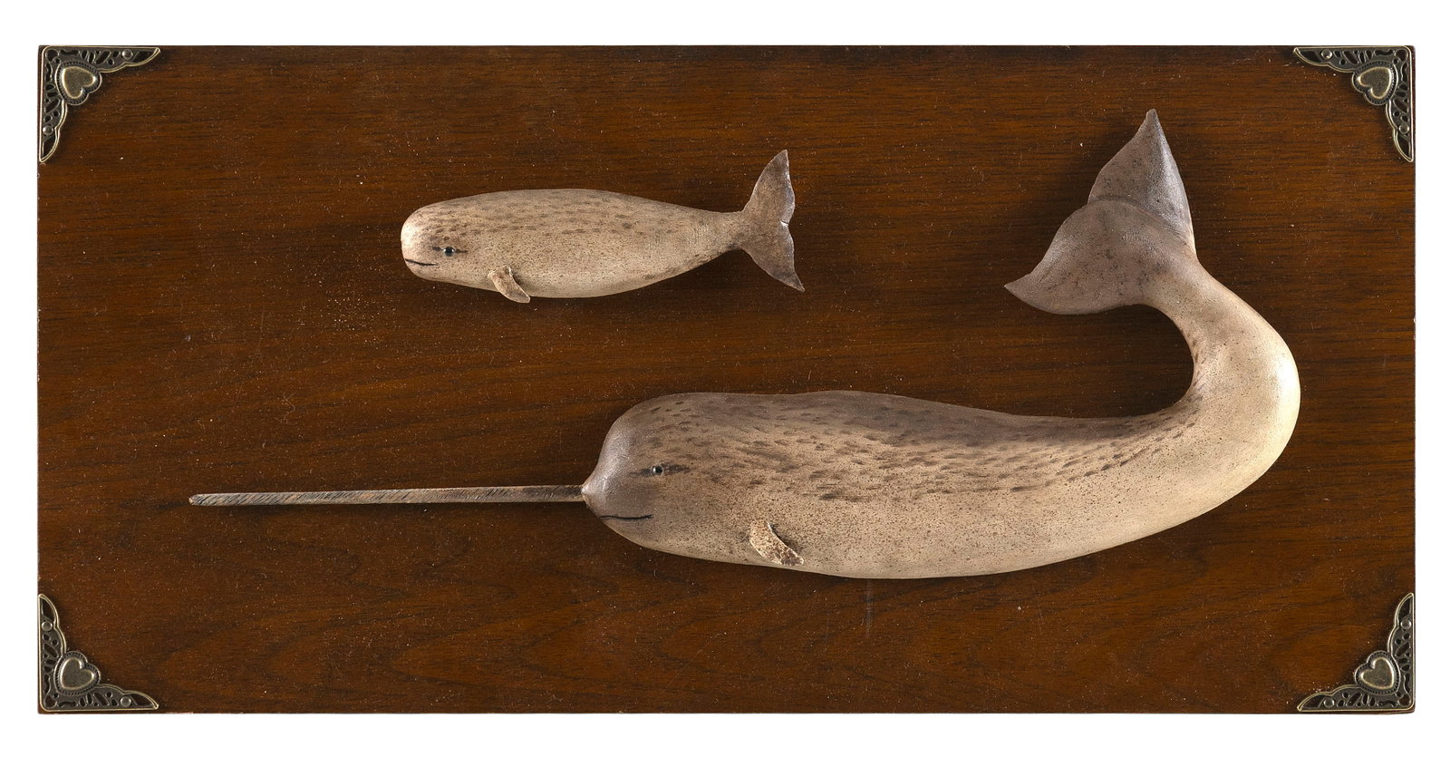 ROGER MITCHELL NARWHAL AND CALF PLAQUE Massachusetts, Contemporary Backboard 7.75" x 16". (1 of 2)