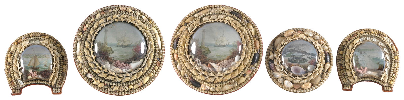 FIVE SHELLWORK FRAMES Early 20th Century From 7.5" x 8" to 10.75" x 10.75".: FIVE SHELLWORK FRAMES Early 20th Century Two in horseshoe form and three round. Each contain a marine lithograph. From 7.5" x 8" to 10.75" x 10.75".
