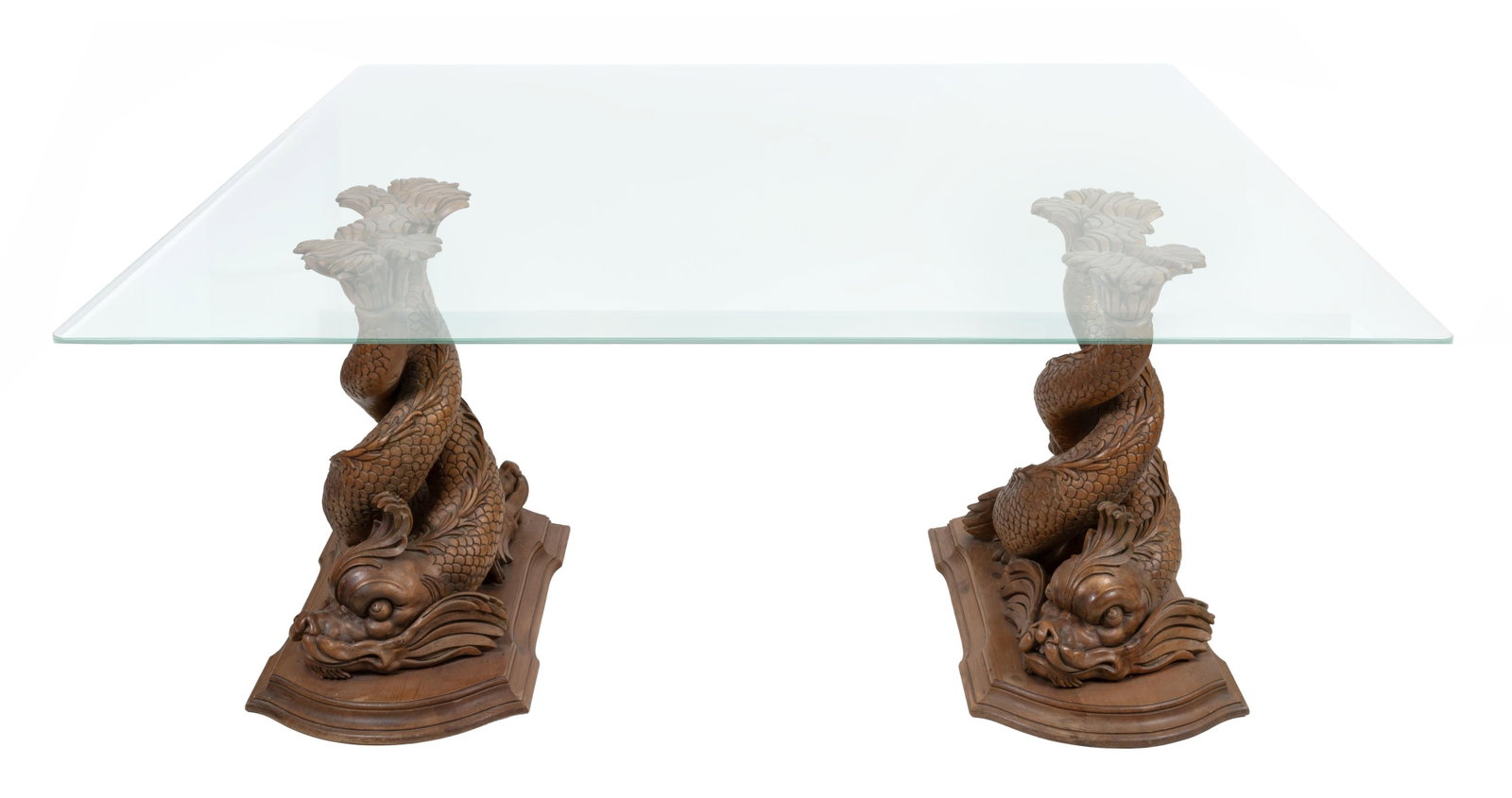 GLASS-TOP DOUBLE PEDESTAL DINING TABLE Contemporary Pedestal heights 28". Top 85" x 46". (1 of 1)