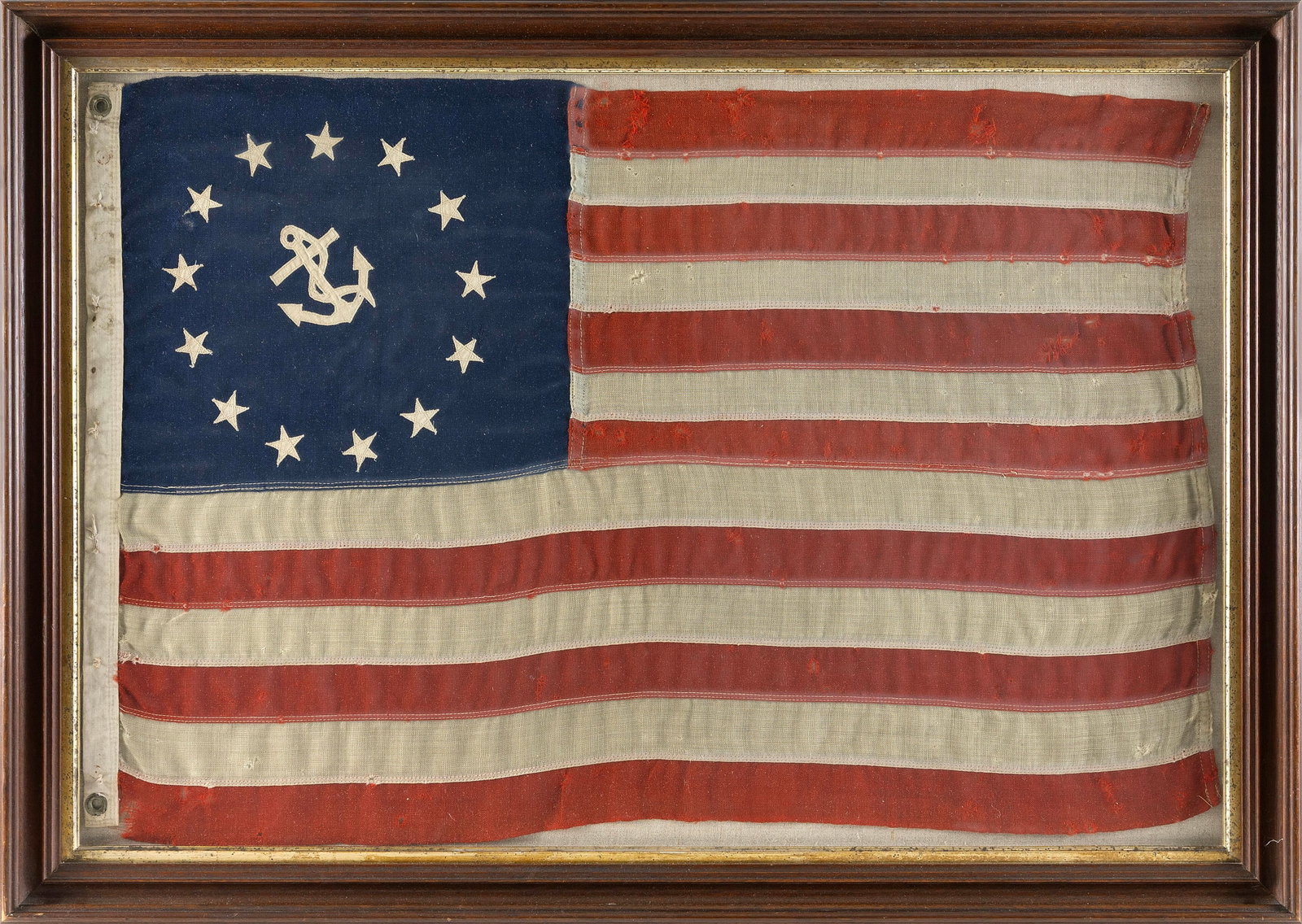WOOL U.S. YACHT ENSIGN Circa 1910 Approx. 24" x 36". Framed 28.5" x 40.5".: WOOL U.S. YACHT ENSIGN Circa 1910 Approx. 24" x 36". Framed 28.5" x 40.5".
