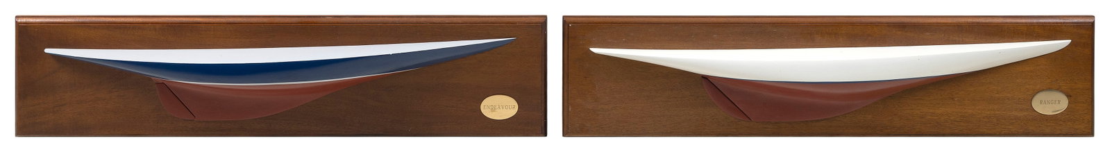 TWO MOUNTED HALF HULL MODELS OF NEW YORK YACHT CLUB YACHTS 20th Century Backboards 8.5" x 37.5".: TWO MOUNTED HALF HULL MODELS OF NEW YORK YACHT CLUB YACHTS 20th Century The Endeavor and the Ranger. Backboards 8.5" x 37.5".