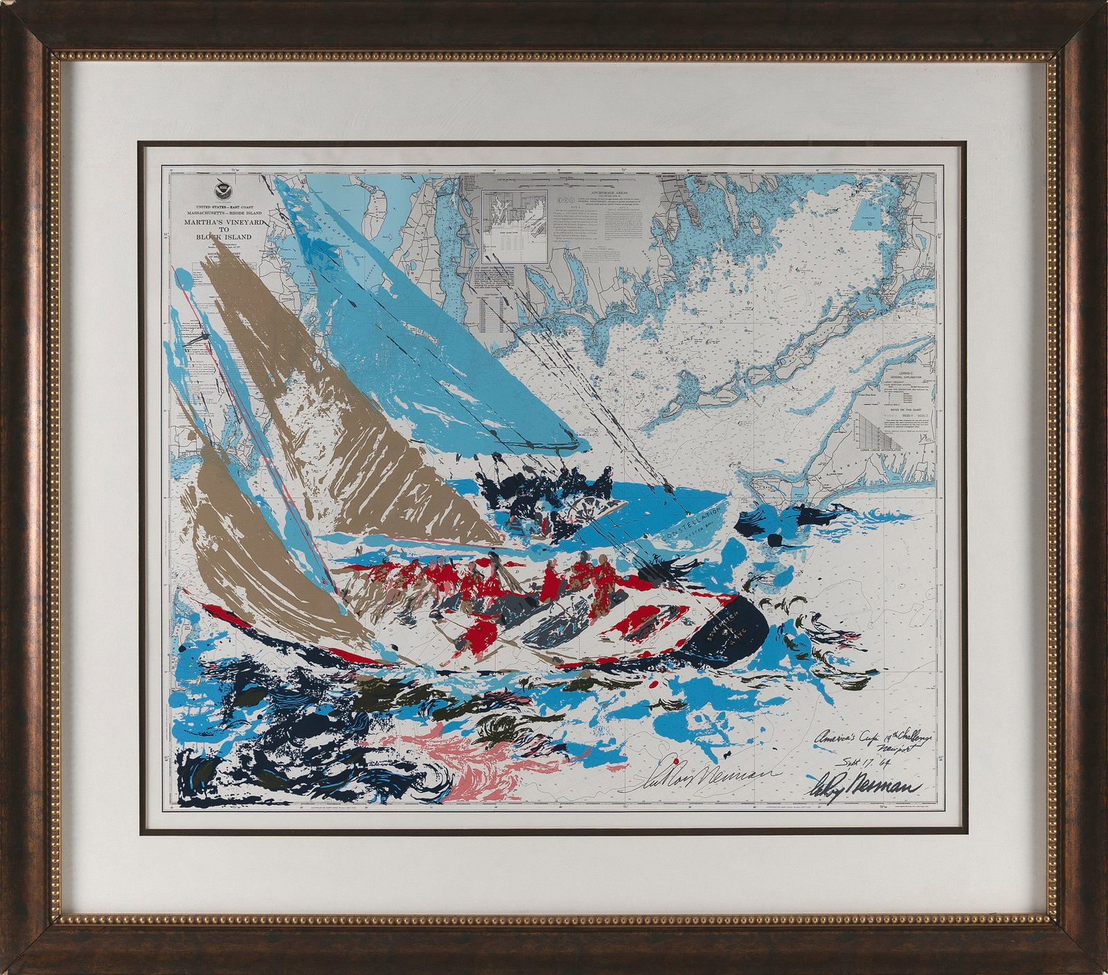 LEROY NEIMAN (New York/Illinois/Minnesota, 1921-2012), America's Cup lithograph., Framed 34.75" x: LEROY NEIMAN New York/Illinois/Minnesota, 1921-2012 America's Cup lithograph. Signed in pen lower right. Framed 34.75" x 40".