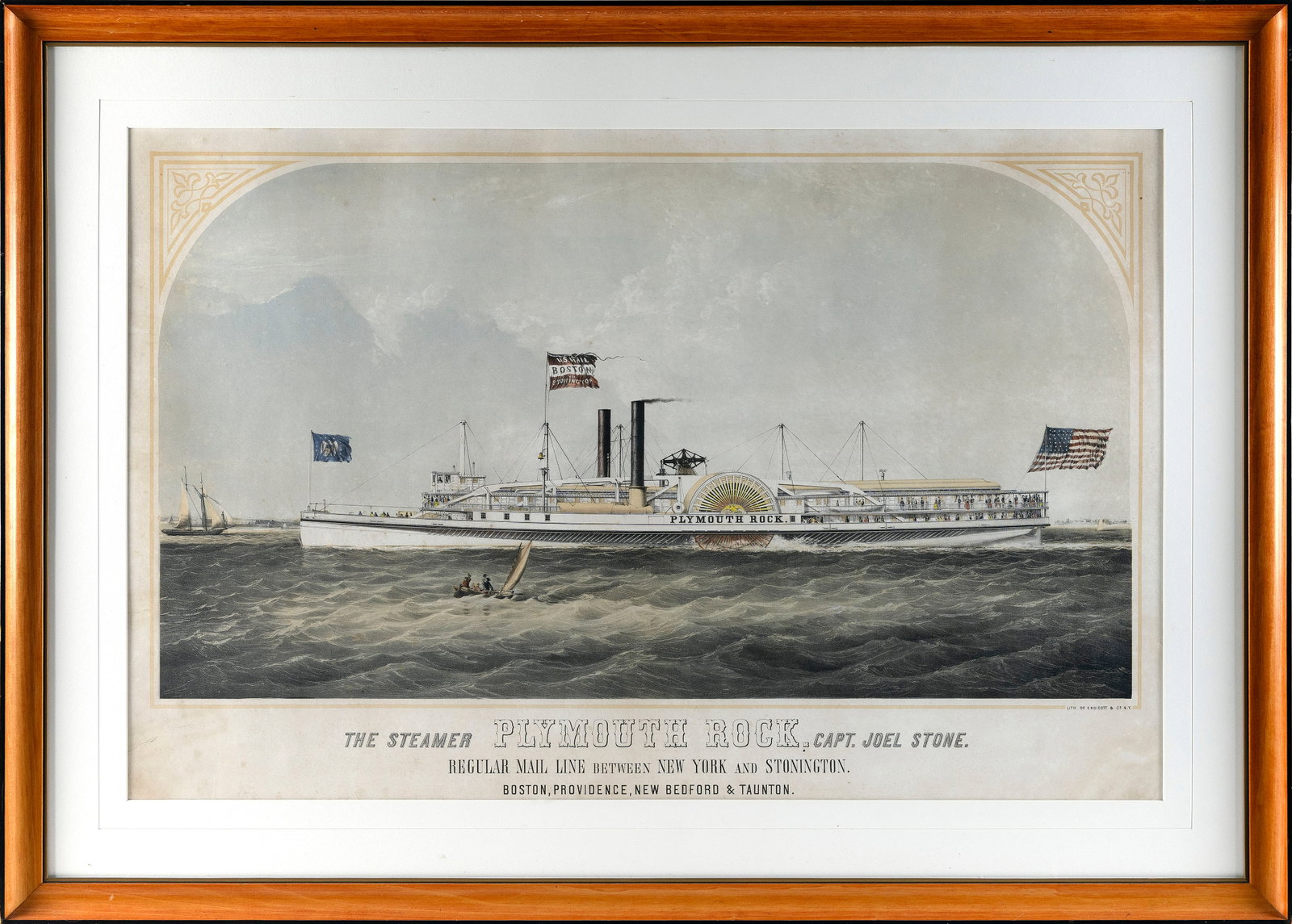 CHROMOLITHOGRAPH "THE STEAMER PLYMOUTH ROCK ..." 24" x 37". Framed 33" x 46".: CHROMOLITHOGRAPH "THE STEAMER PLYMOUTH ROCK ..." 24" x 37". Framed 33" x 46".