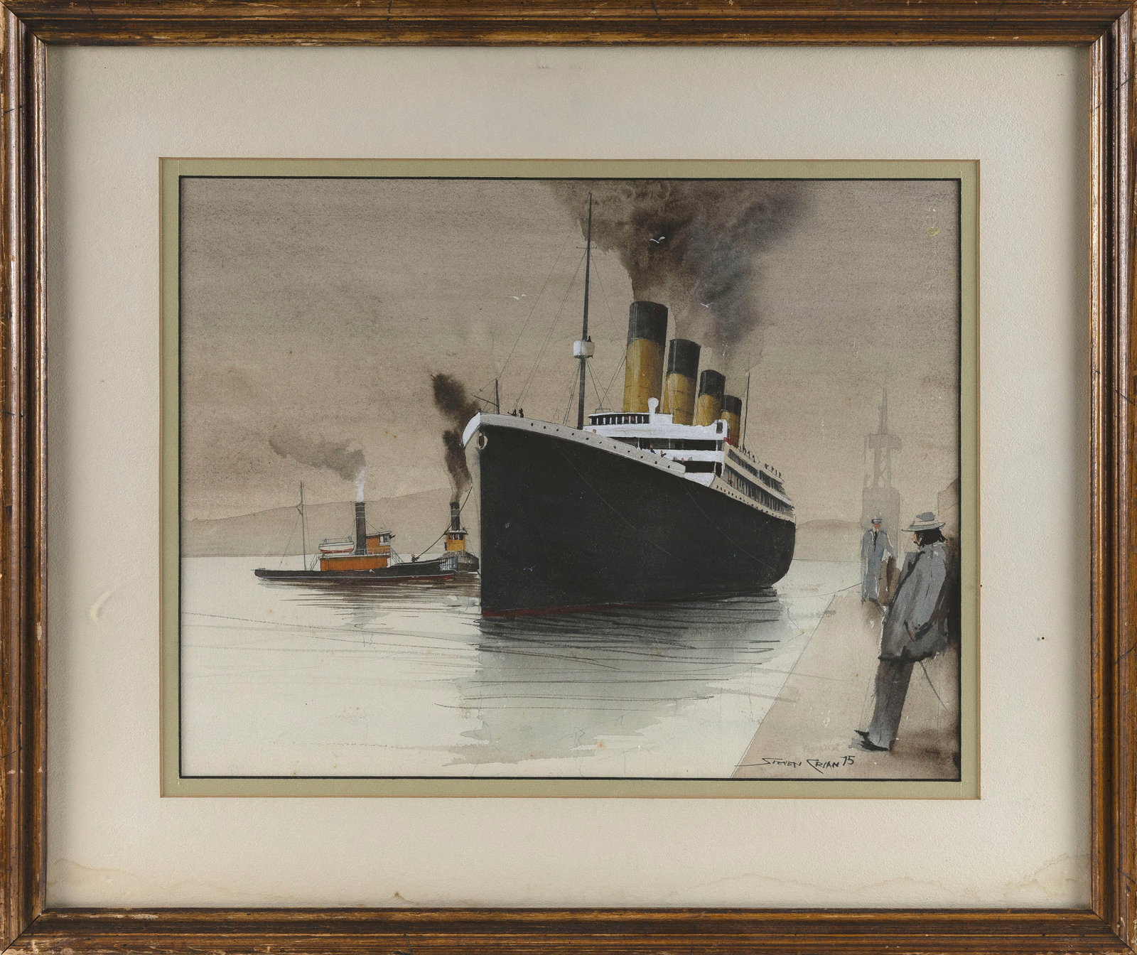 STEVEN CRYAN (Connecticut, Contemporary), Steamer coming into port., Watercolor and gouache, 12.75" (1 of 2)