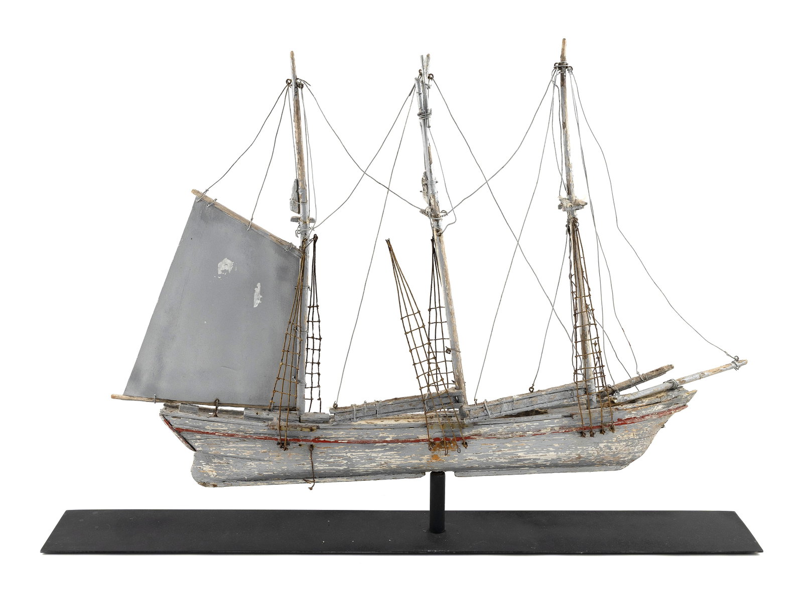 THREE-MASTED SHIP WEATHER VANE, POSSIBLY FRANK ADAMS 20th Century Total height 26.25". Length 24". (1 of 2)